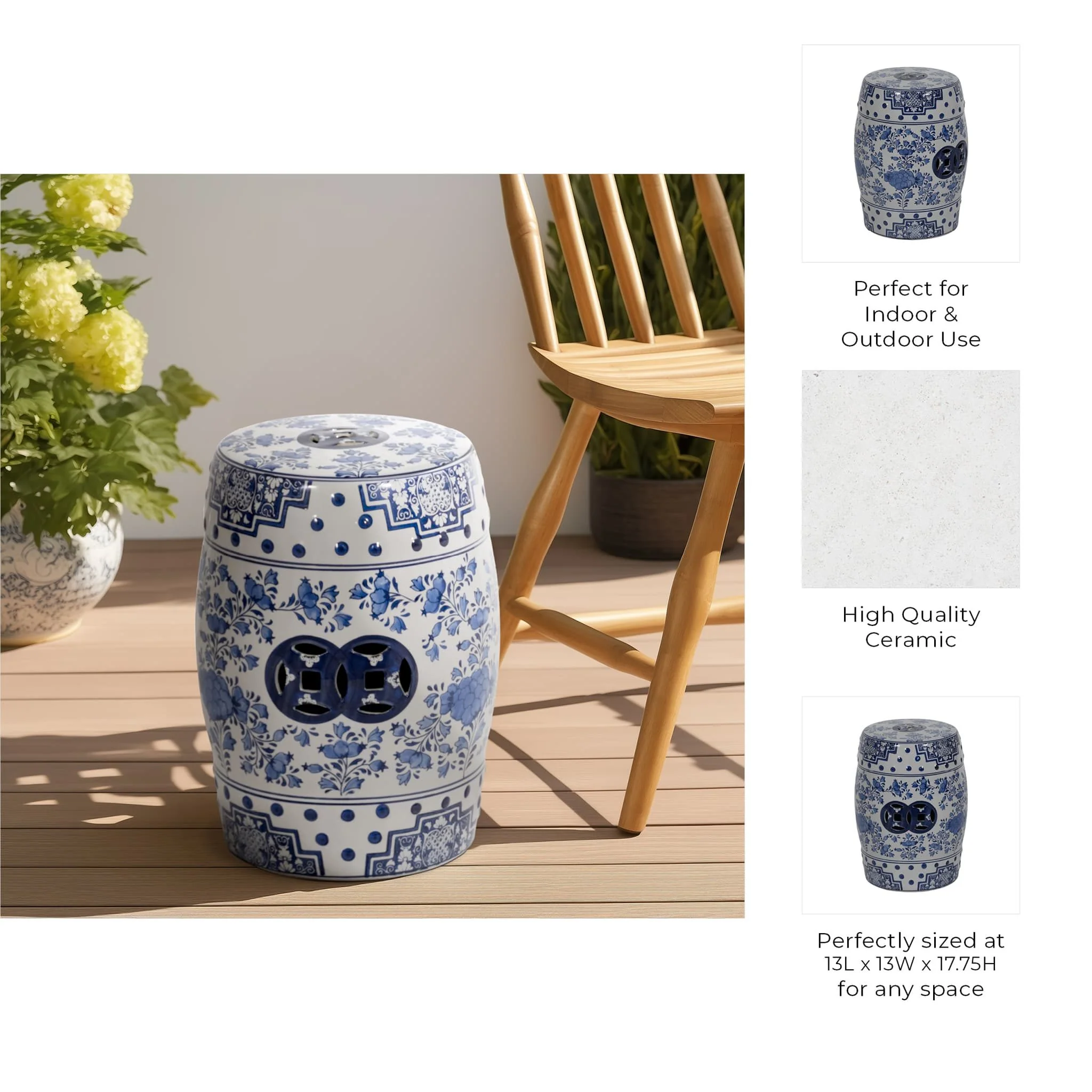 Cer, 18" Chinoiserie Stool, Blue/white - Image 8