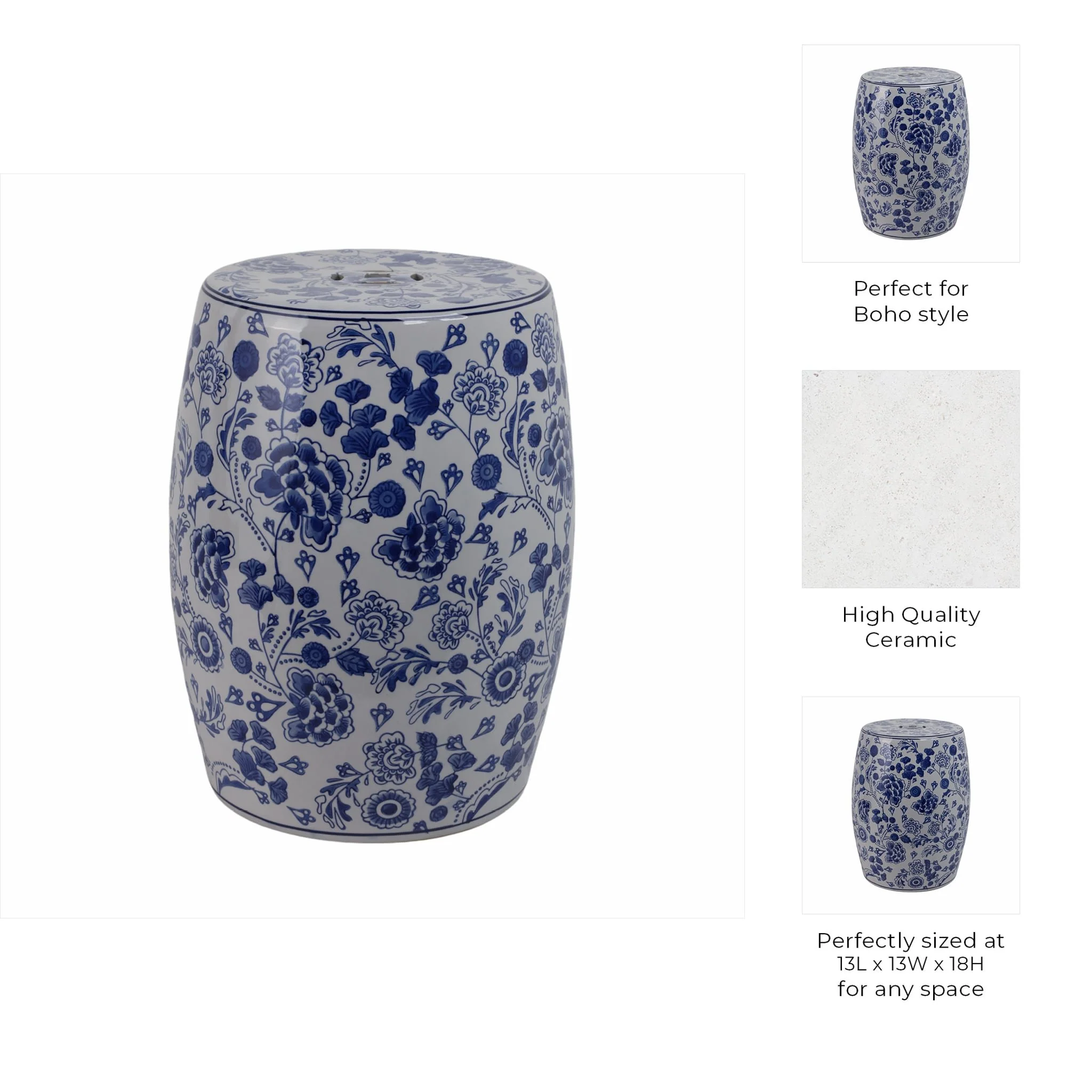 Cer, 18" Hydrangea Chinoiserie Stool, Blue/white - Image 10