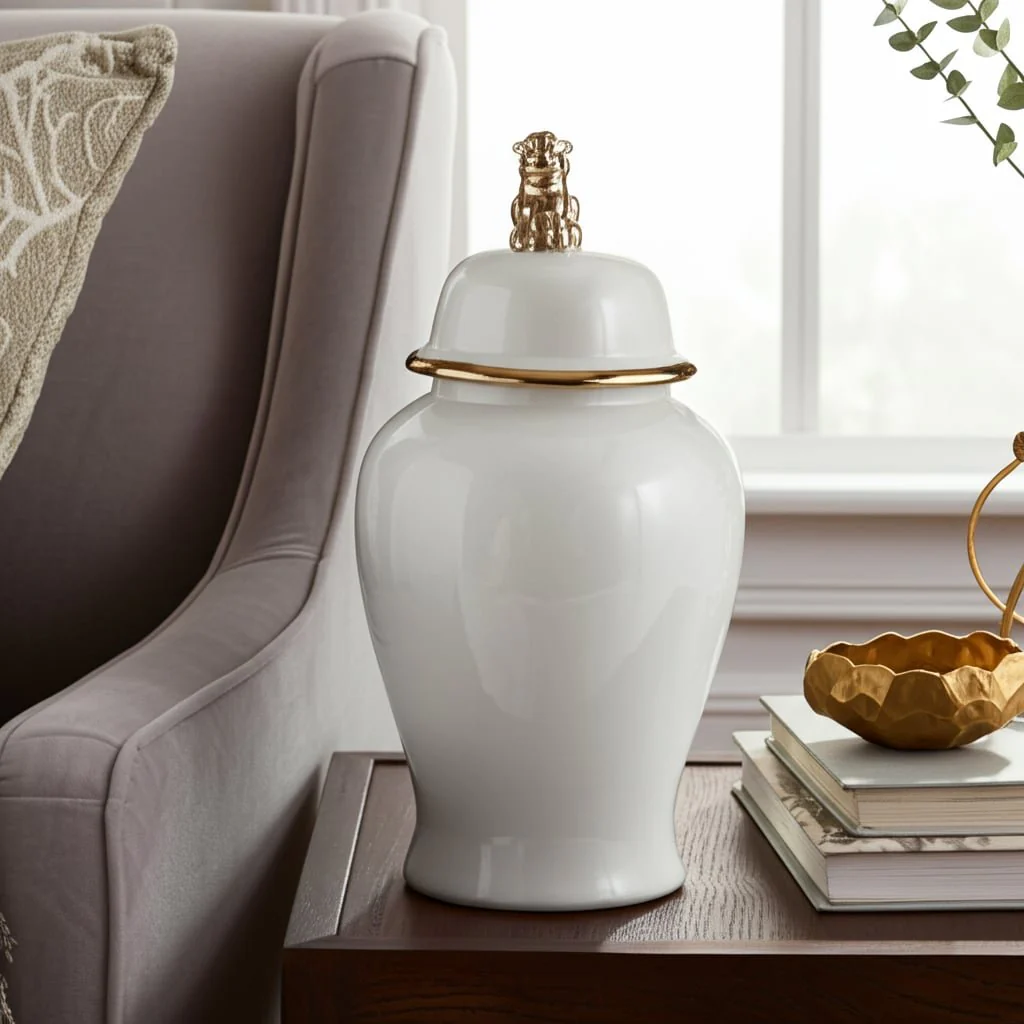 Cer, 18" Lion Head Temple Jar, White/gold - Image 13