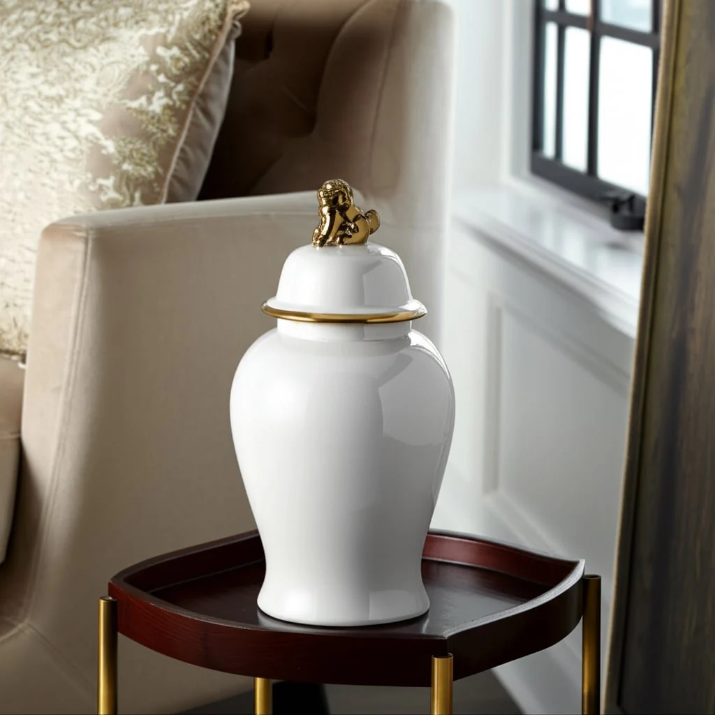 Cer, 18" Lion Head Temple Jar, White/gold - Image 14