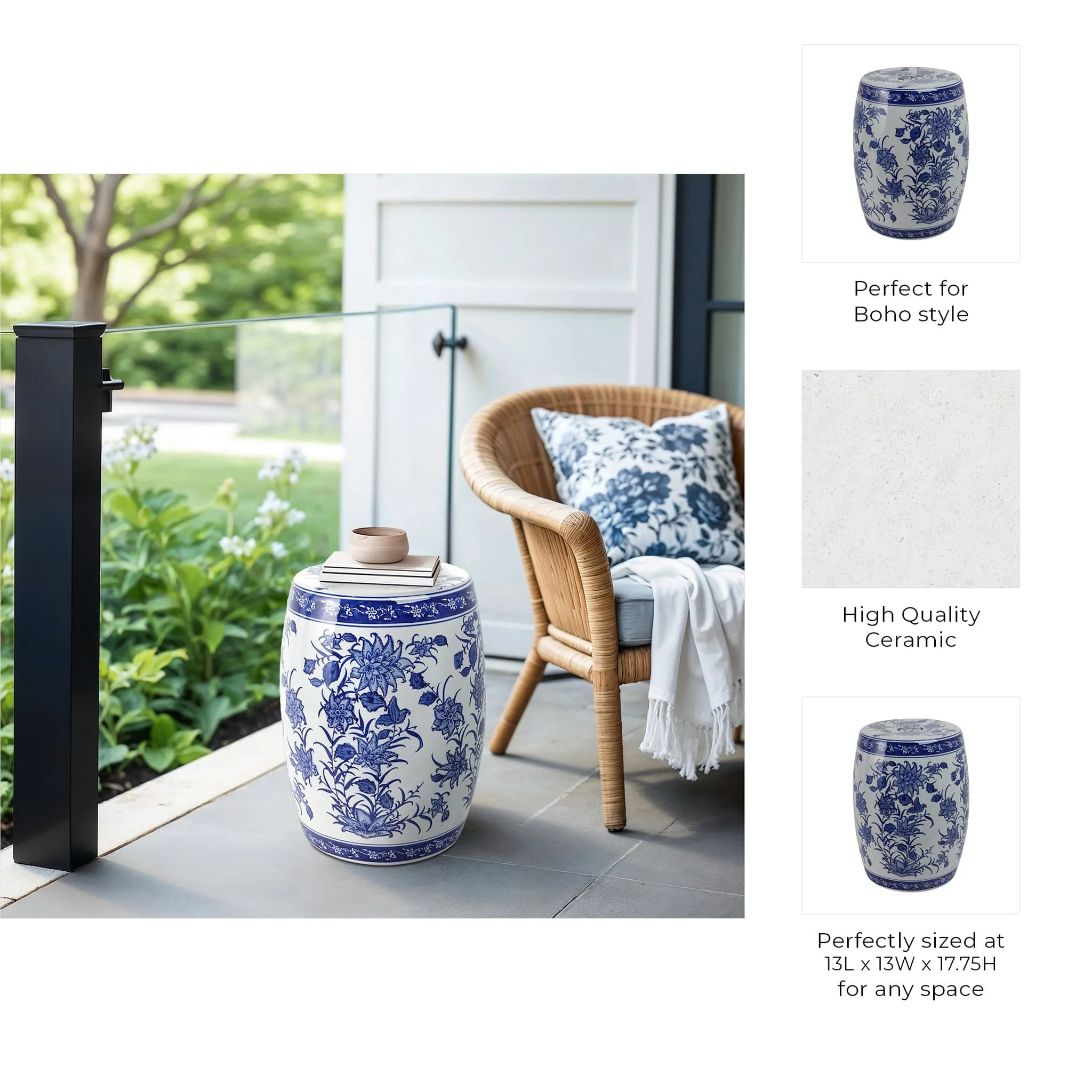Cer,18" Pinwheel Flower Chinoiserie Stool,blu/wht - Image 9