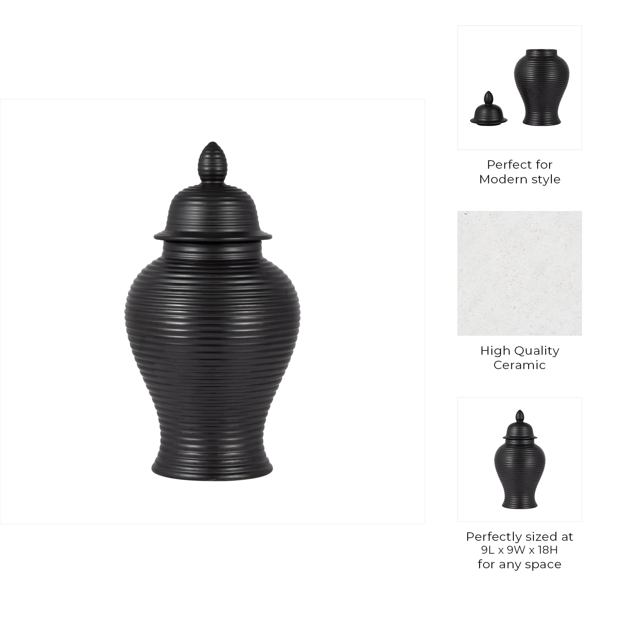 Cer, 18" Ribbed Temple Jar, Black - Image 9