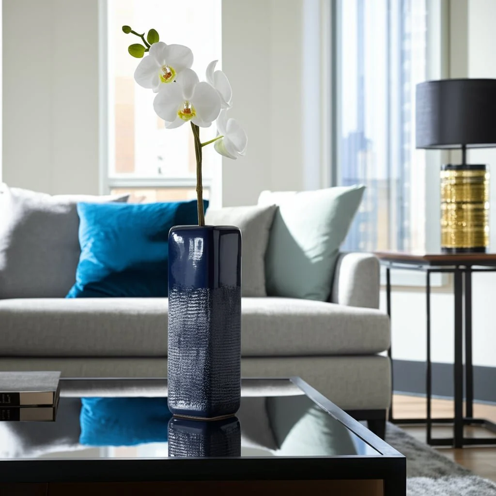 Cer, 18" Squared Grooved Vase, Navy Blue - Image 10