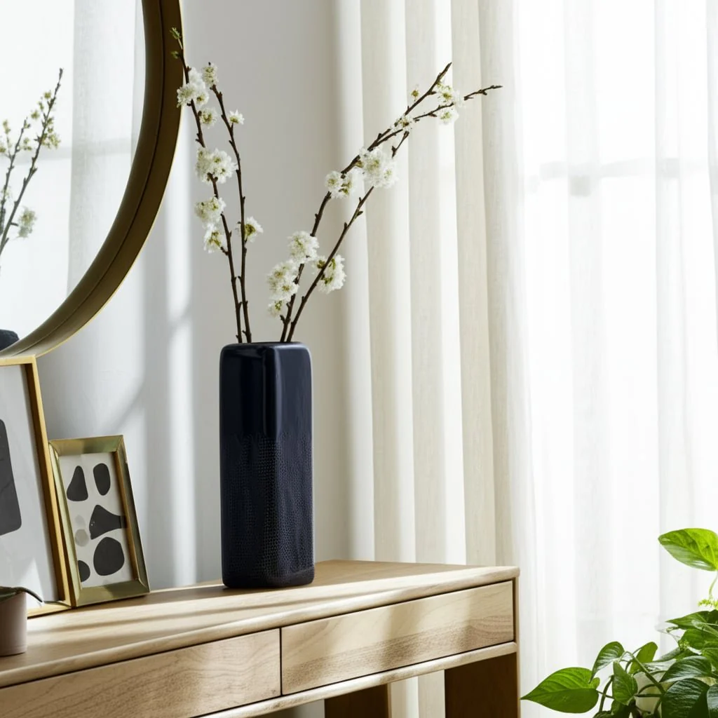 Cer, 18" Squared Grooved Vase, Navy Blue - Image 9