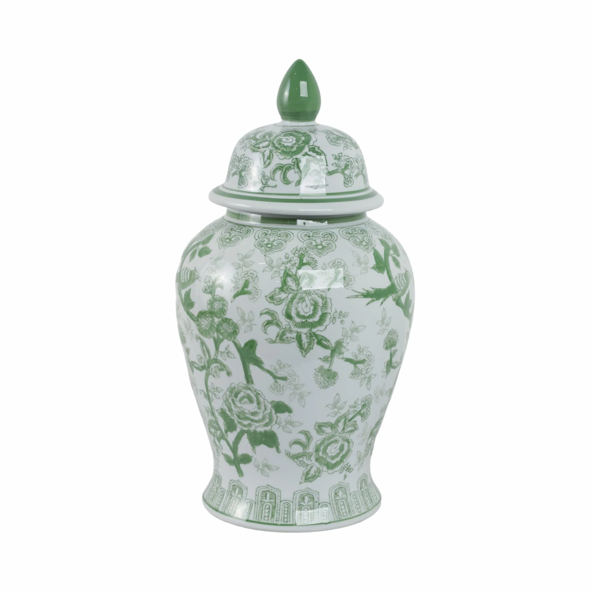 Cer, 18" Temple Jar Bird/flower, Green - Image 3