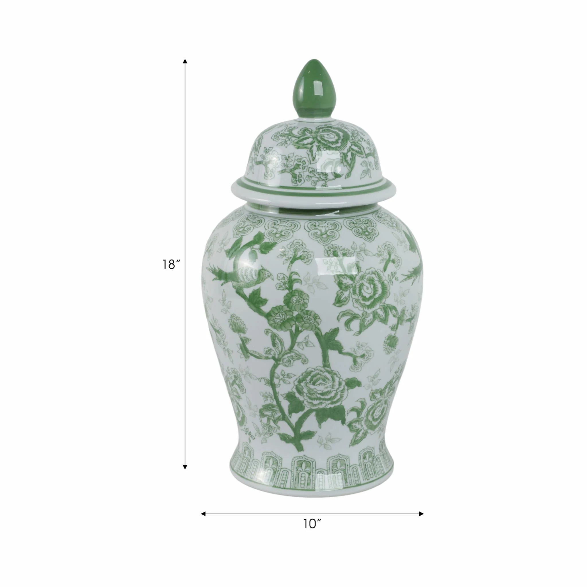 Cer, 18" Temple Jar Bird/flower, Green - Image 8