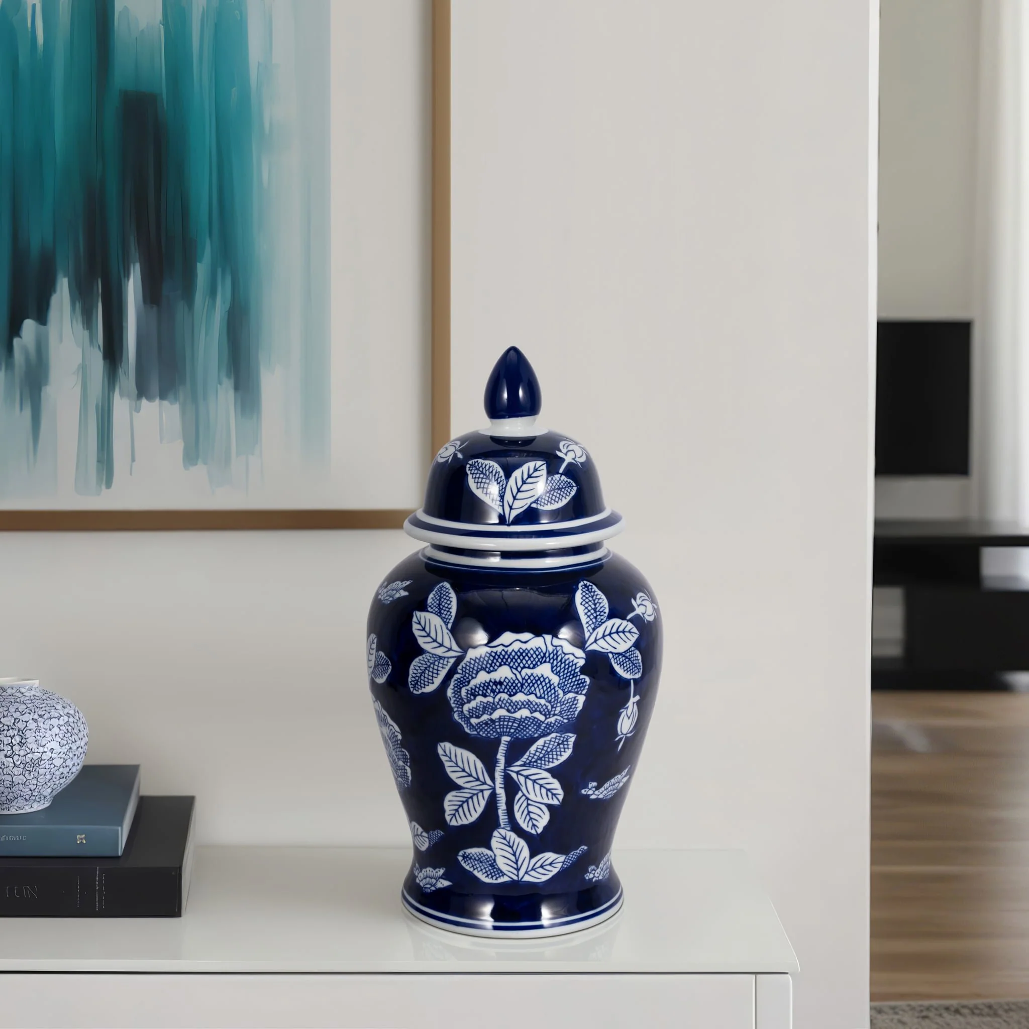 Cer, 18"h Flower Temple Jar, Wht/blu - Image 10