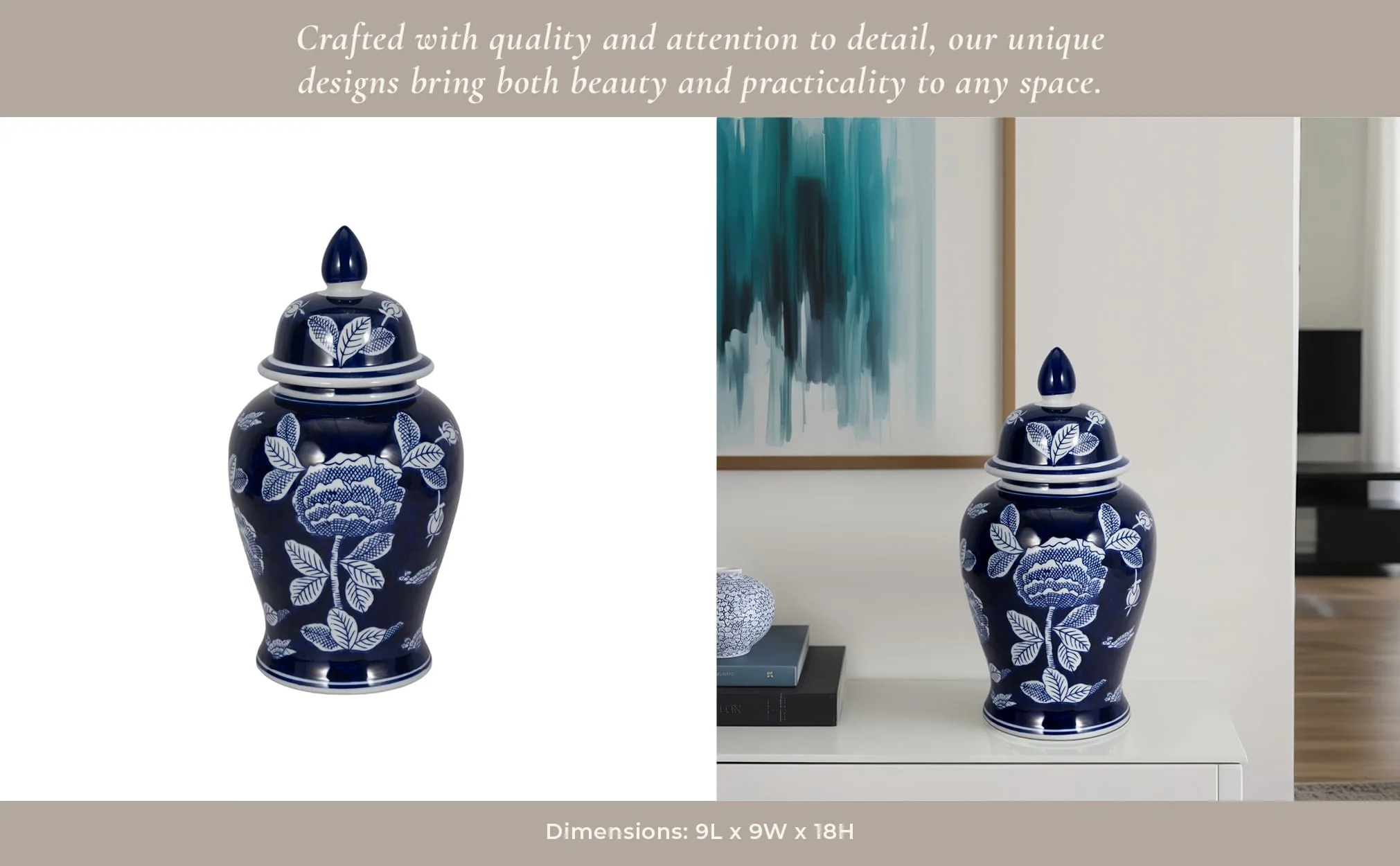 Cer, 18"h Flower Temple Jar, Wht/blu - Image 11