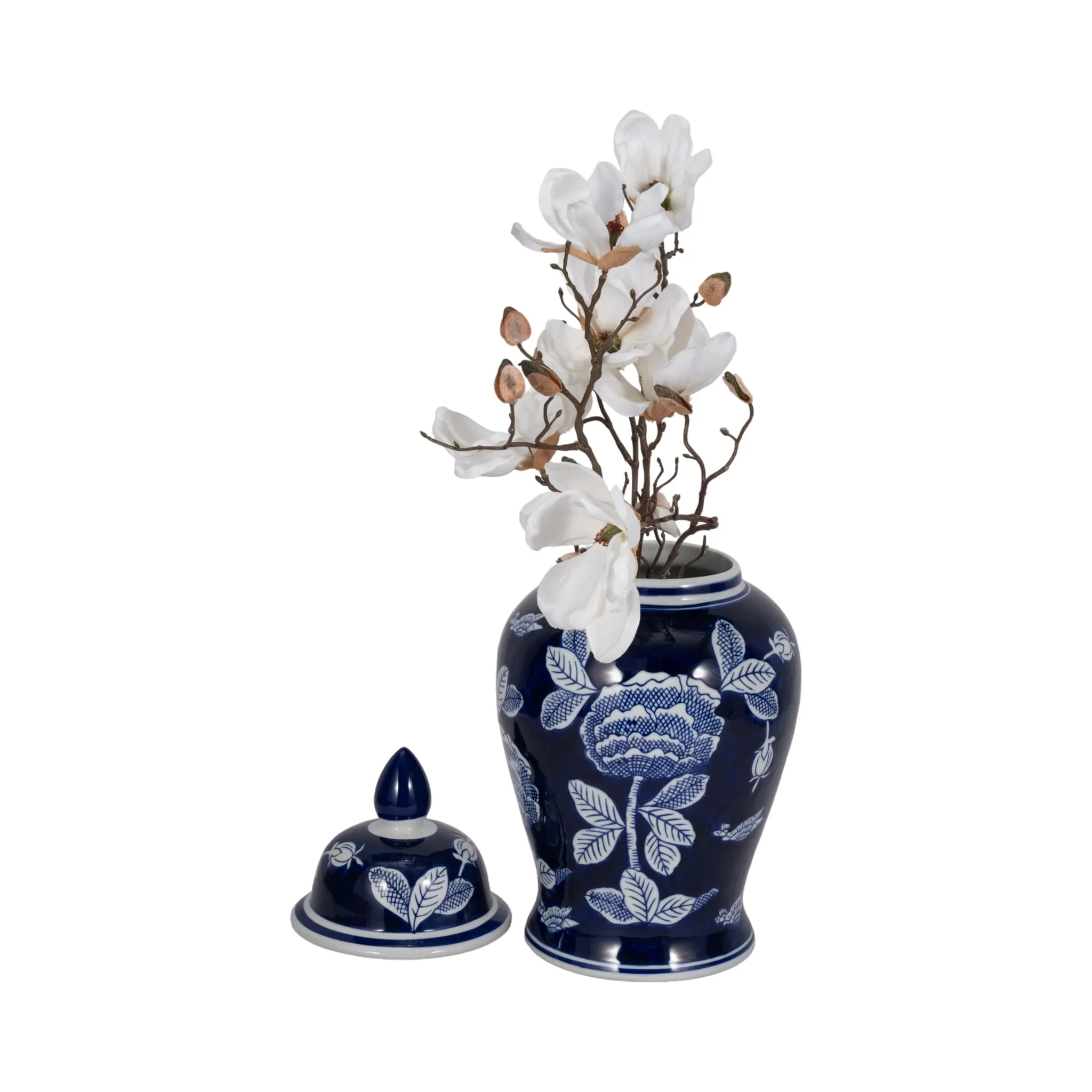 Cer, 18"h Flower Temple Jar, Wht/blu - Image 2