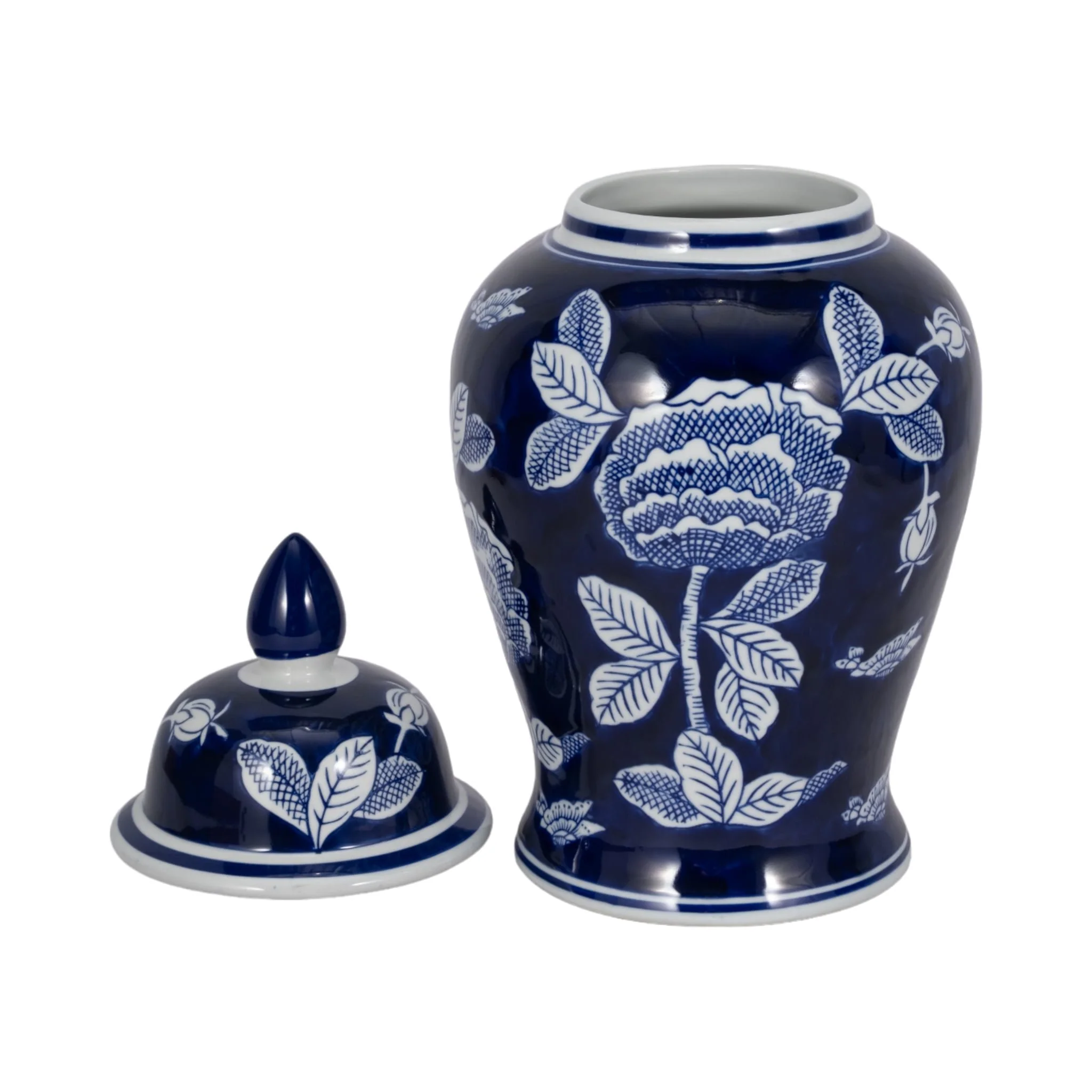 Cer, 18"h Flower Temple Jar, Wht/blu - Image 3