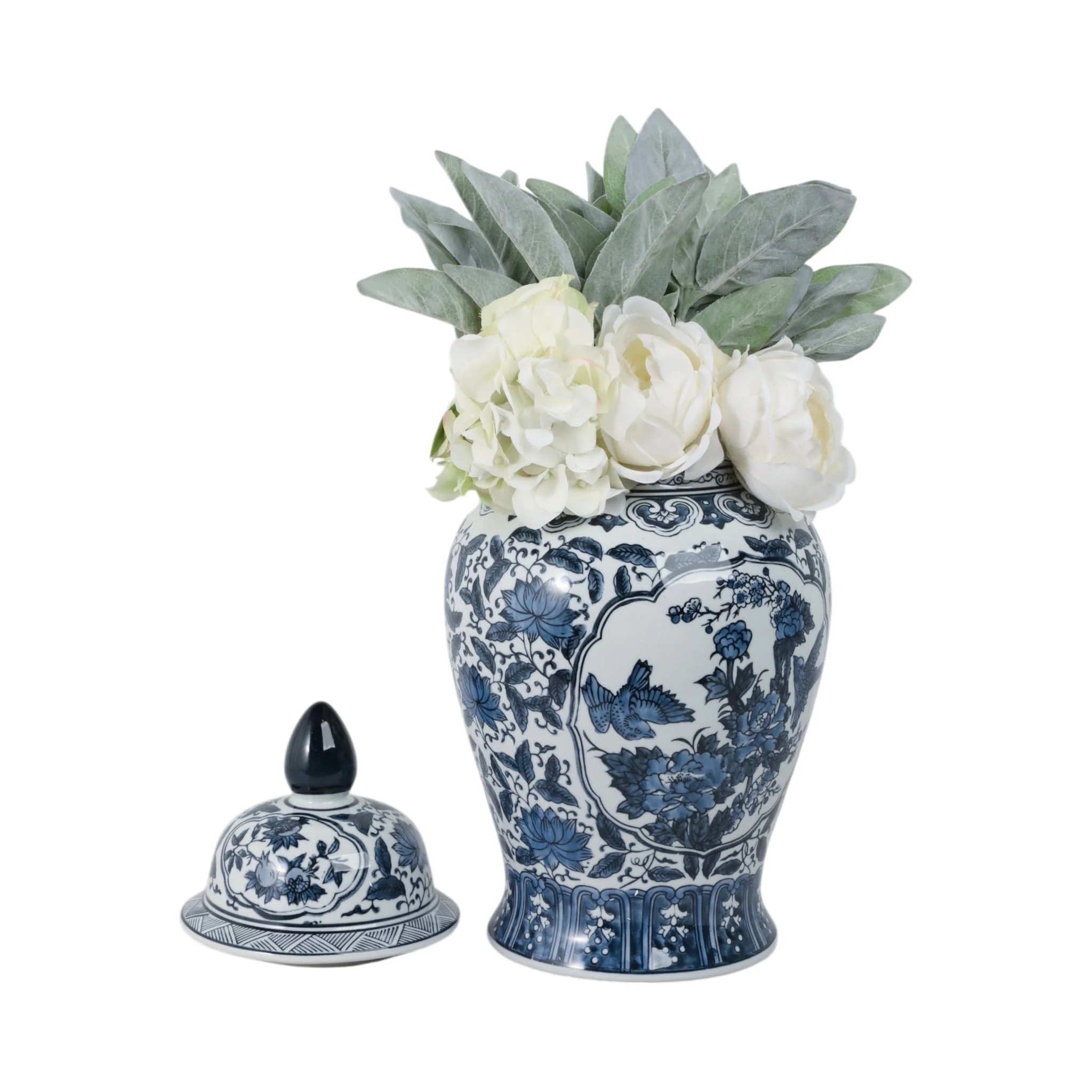 Cer, 18"h Flowers Temple Jar, Blue - Image 2
