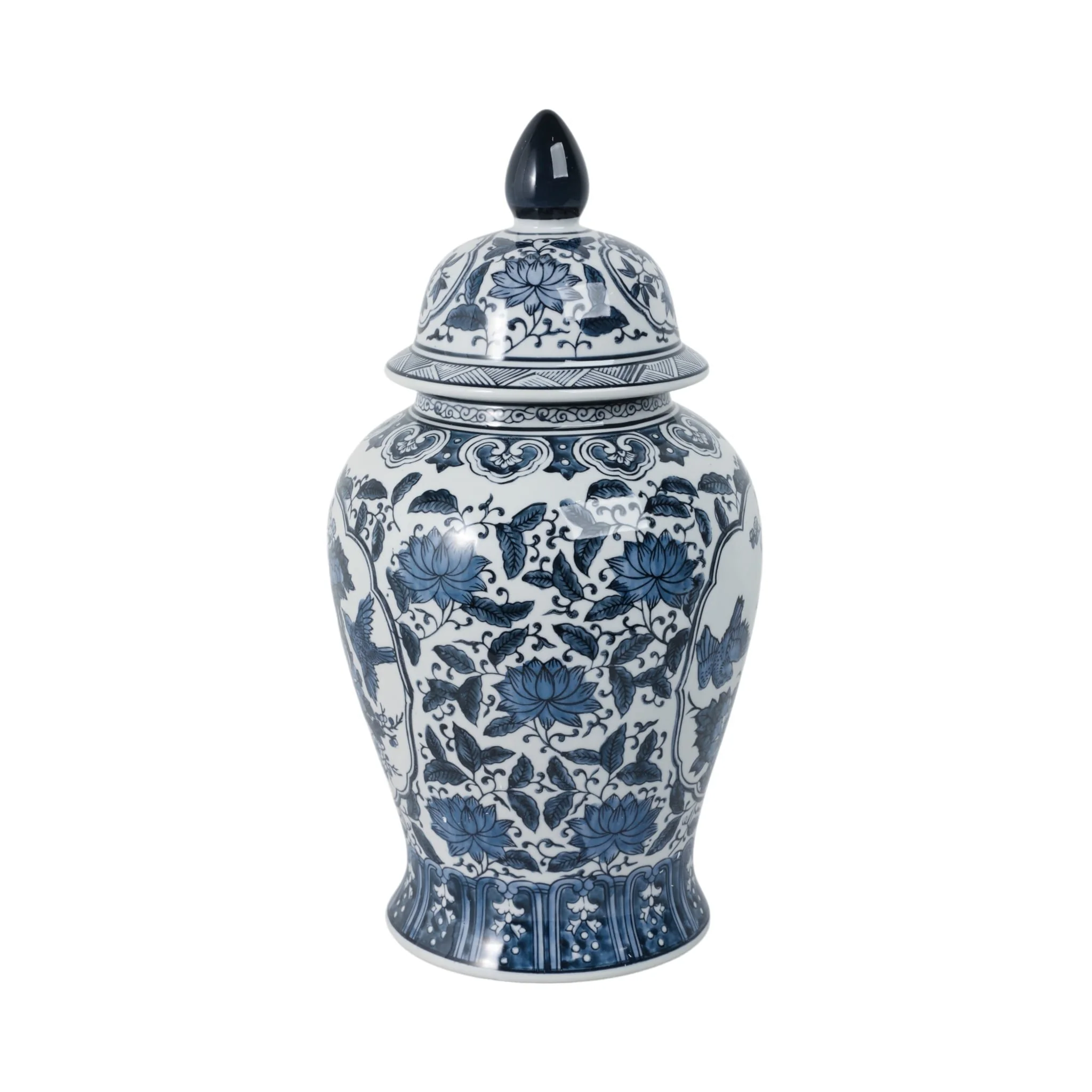 Cer, 18"h Flowers Temple Jar, Blue - Image 3