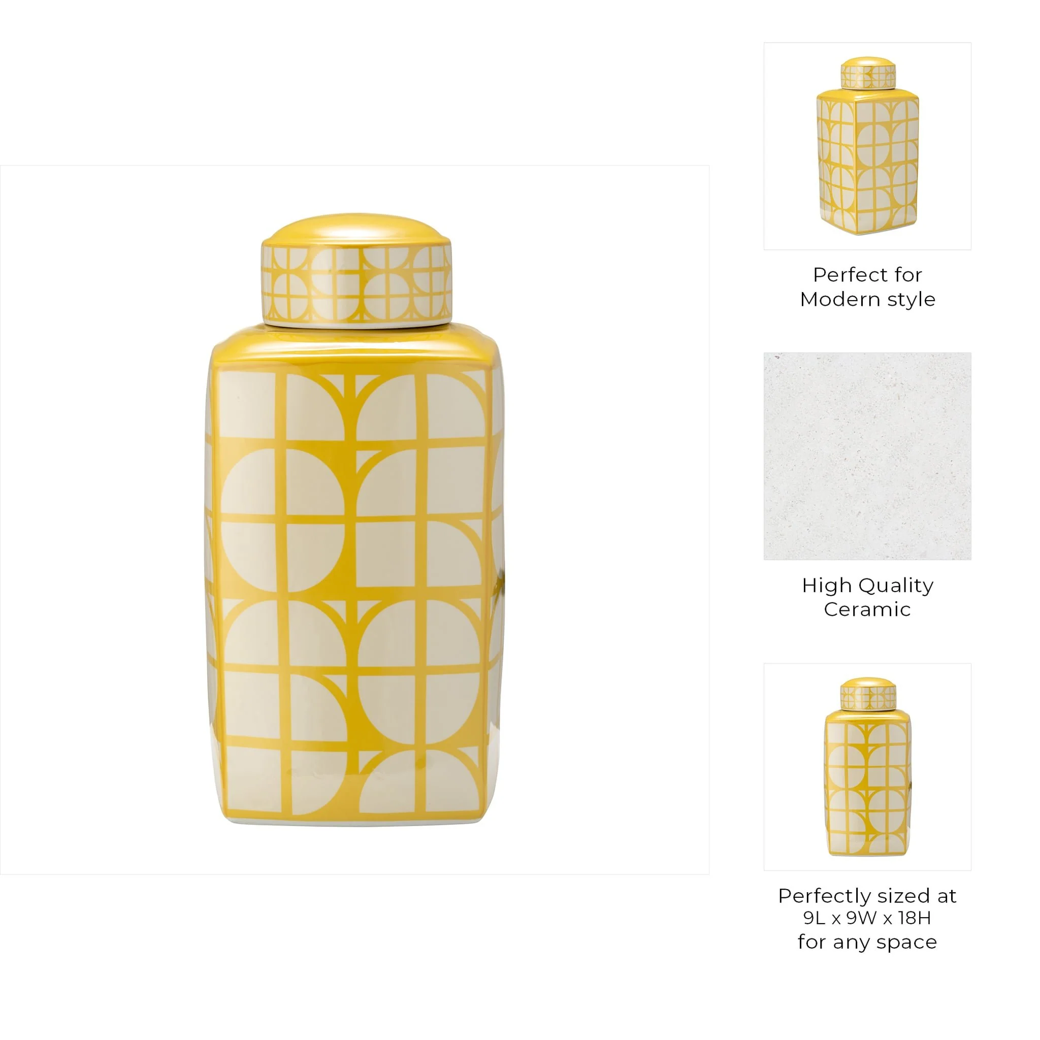 Cer, 18"h Square Jar W/ Lid, Yellow/cotton - Image 2
