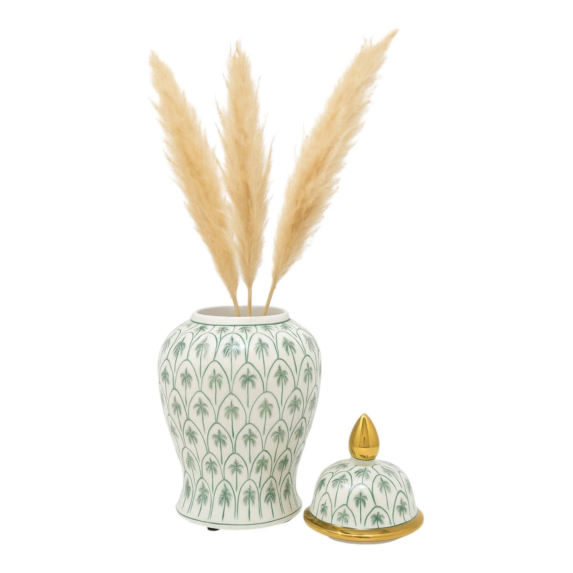 Cer, 18"h Temple Jar, Green/gold - Image 2