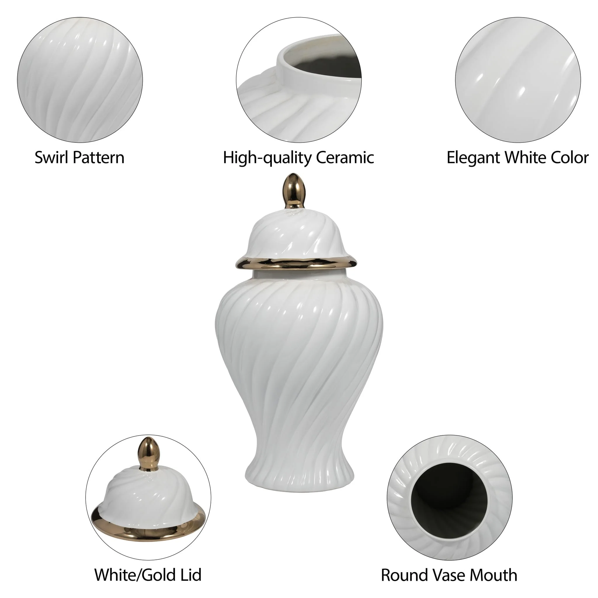 Cer, 20" Swirl Temple Jar, White/gold - Image 10