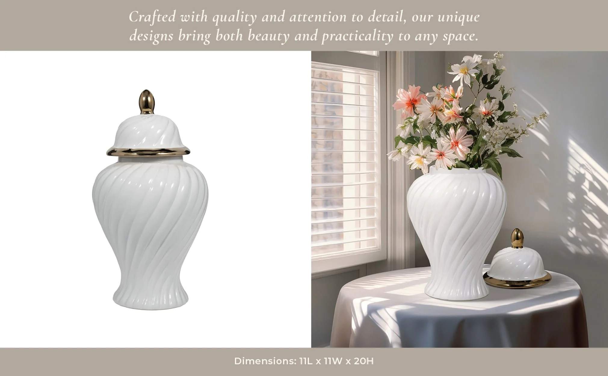 Cer, 20" Swirl Temple Jar, White/gold - Image 12