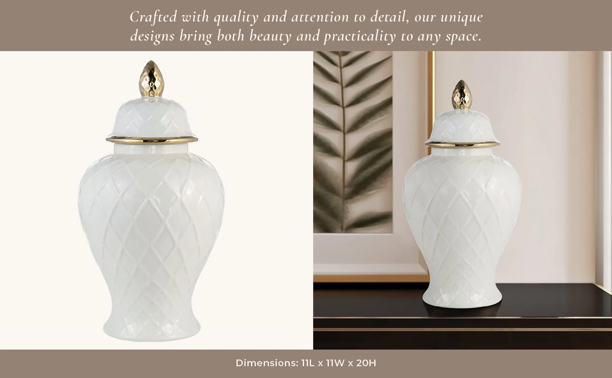 Cer, 20"h Rope Temple Jar, White/gold - Image 9