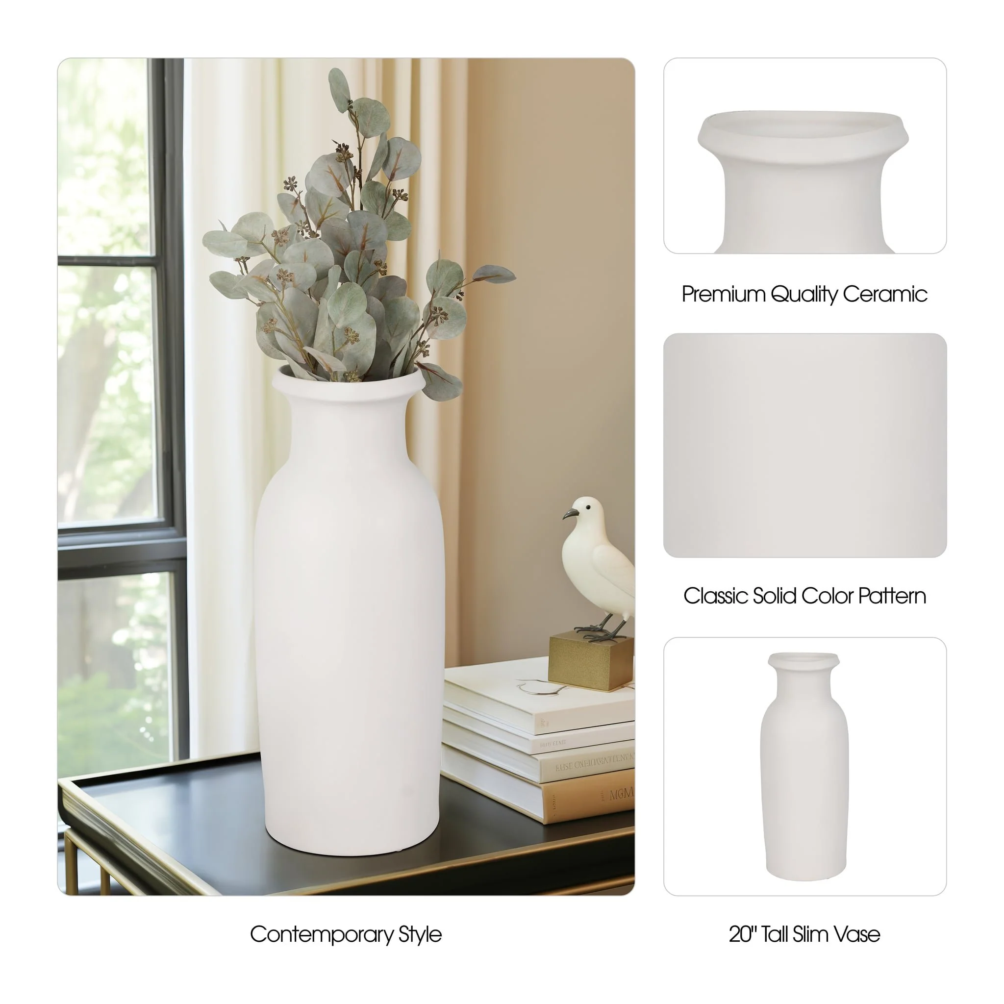 Cer, 20"h Tall Slim Vase, White - Image 8