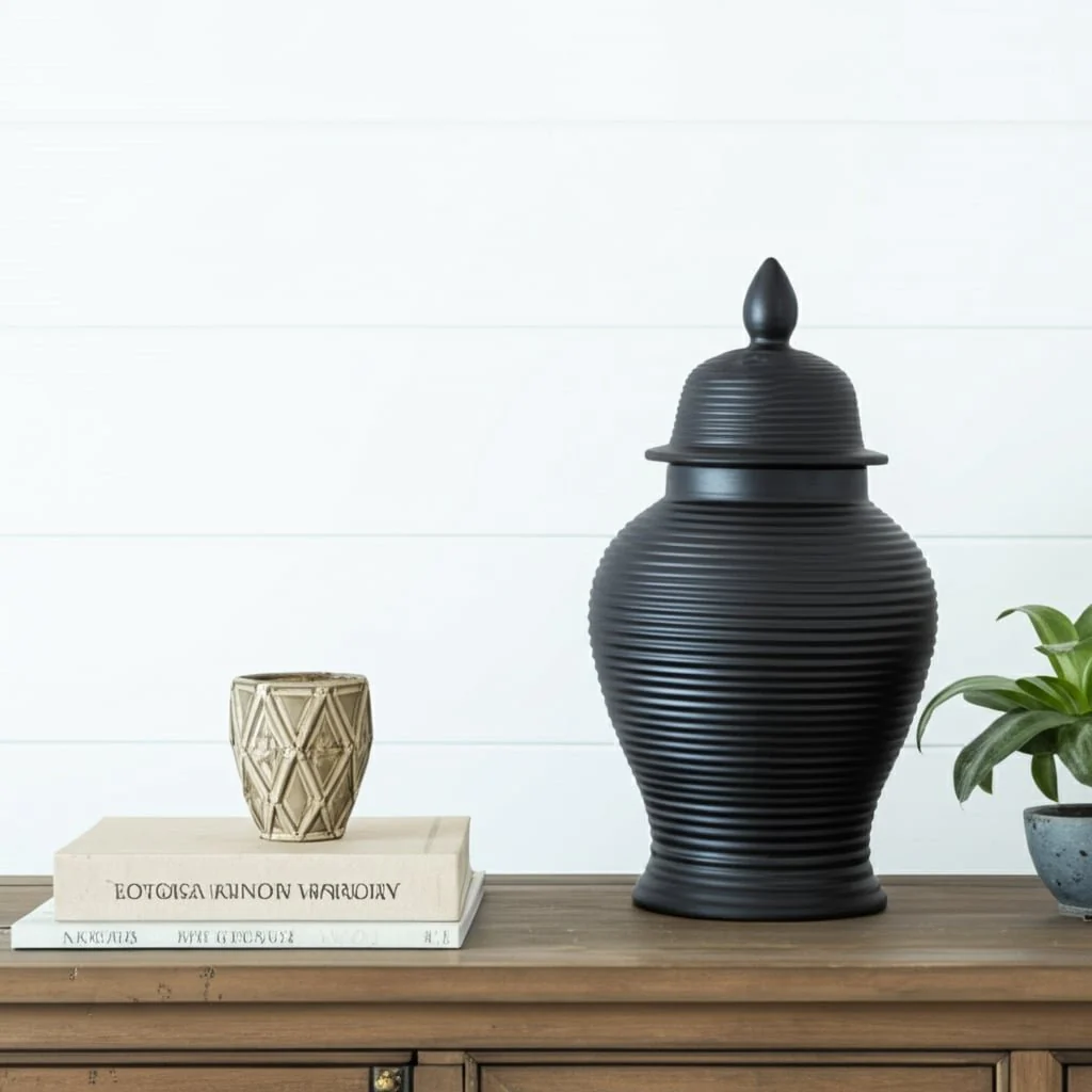 Cer, 24" Ribbed Temple Jar, Black - Image 11