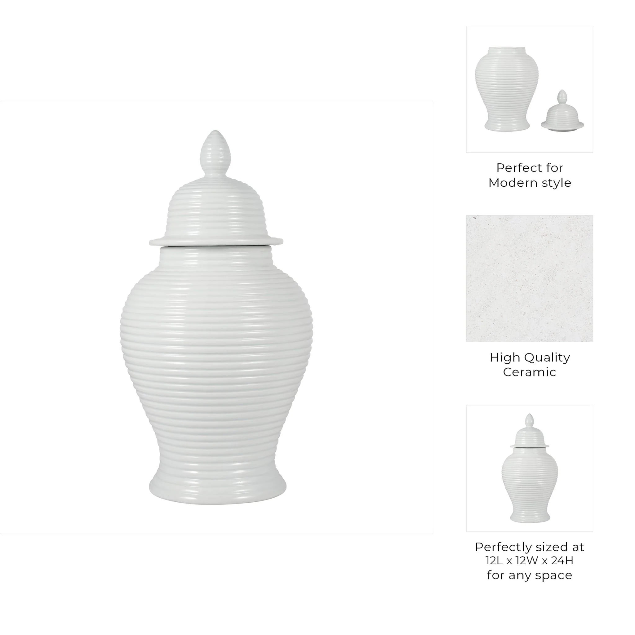 Cer, 24" Ribbed Temple Jar, White - Image 9