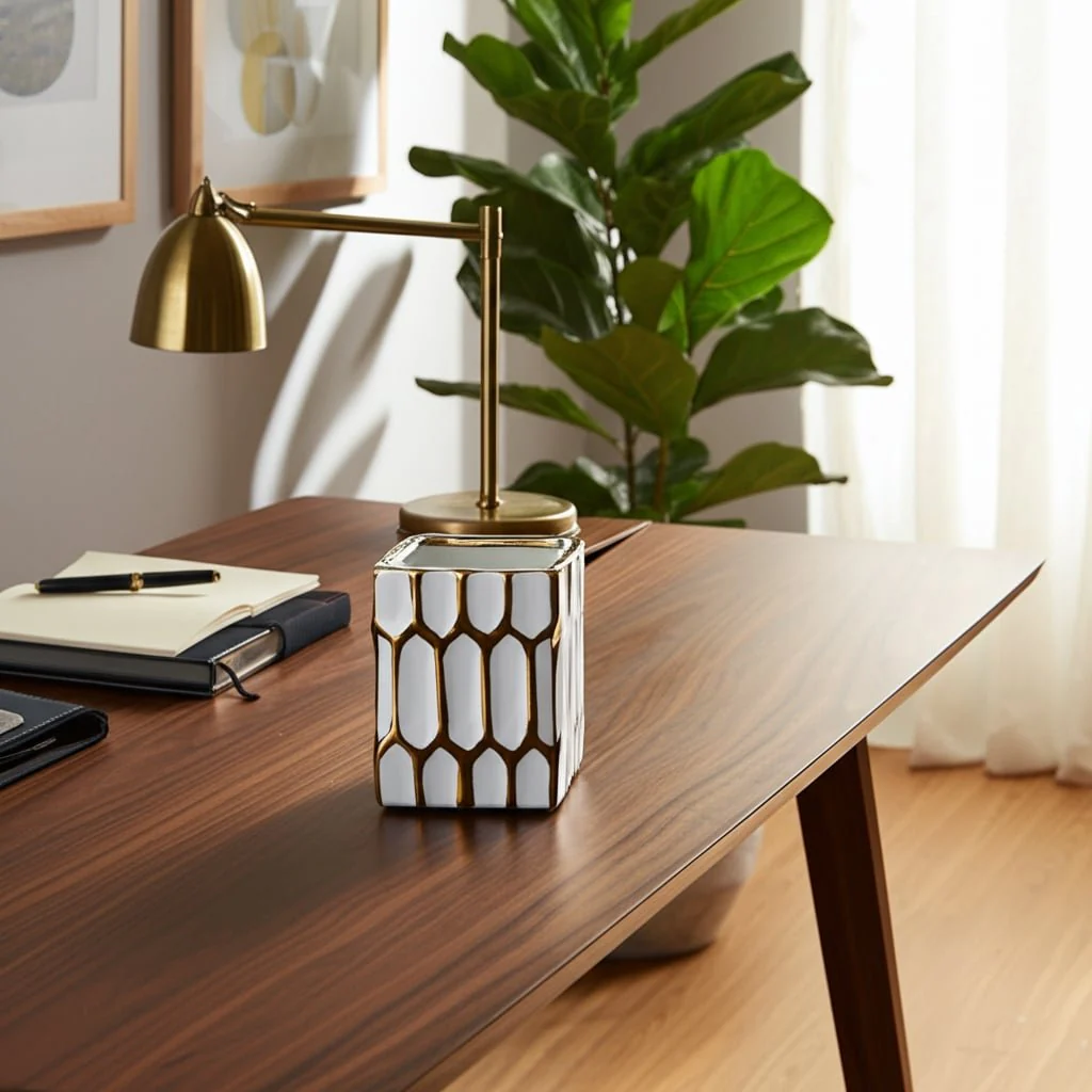 Cer, 4"h Pen Holder, White/gold - Image 10