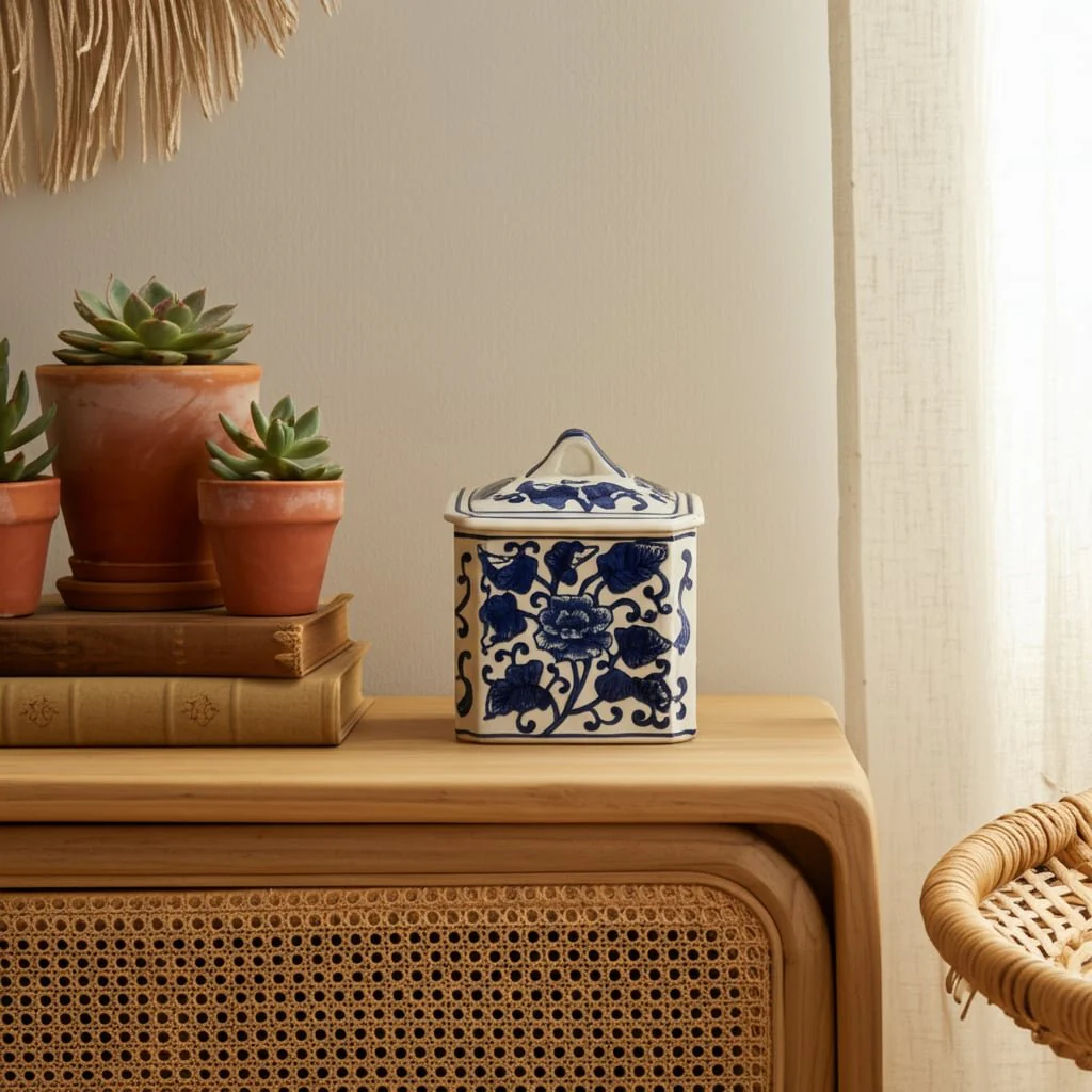 Cer, 6" 13oz Rect Chinoiserie Candle W/lid,blu/wht - Image 10