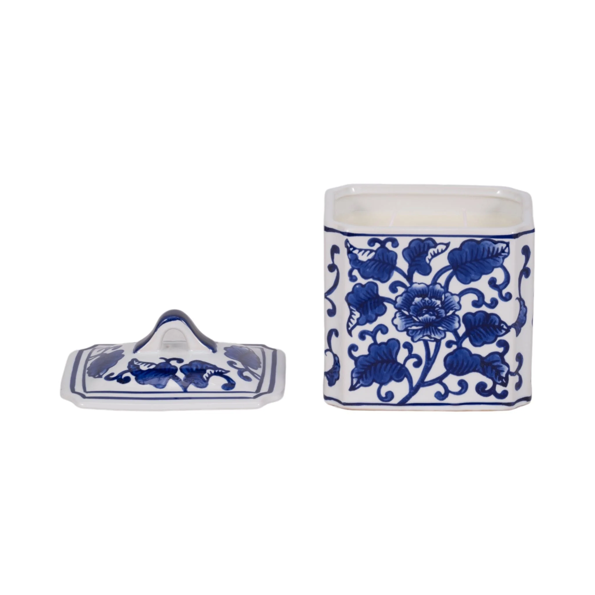 Cer, 6" 13oz Rect Chinoiserie Candle W/lid,blu/wht - Image 2