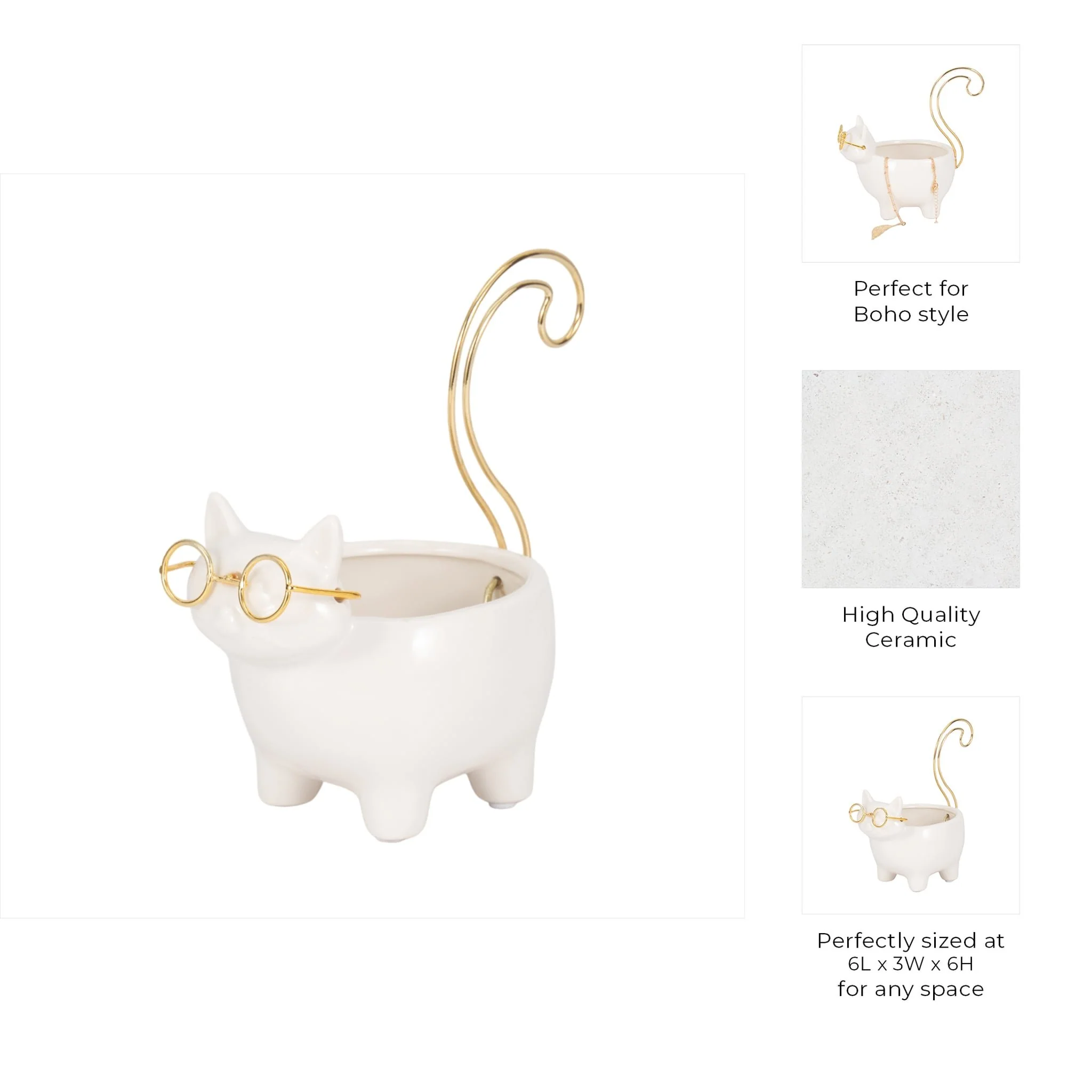 Cer, 6" Kitty Trinket Dish, White/gold - Image 10