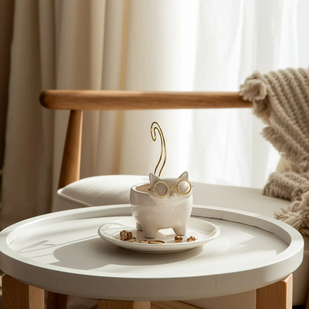 Cer, 6" Kitty Trinket Dish, White/gold - Image 13