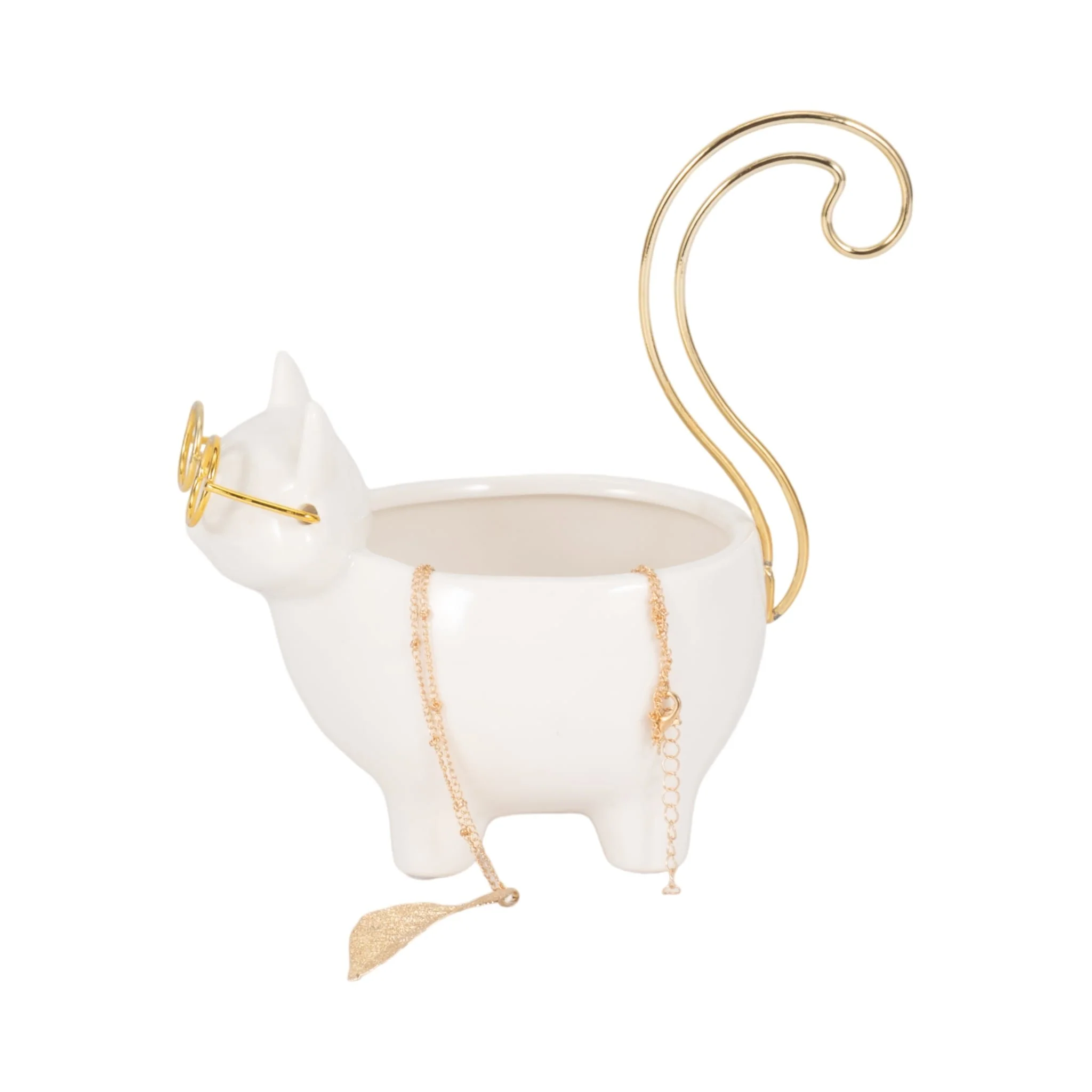 Cer, 6" Kitty Trinket Dish, White/gold - Image 2