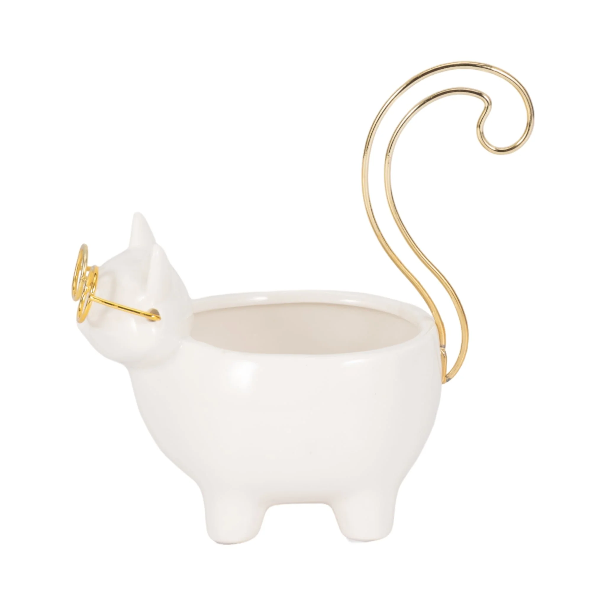 Cer, 6" Kitty Trinket Dish, White/gold - Image 3