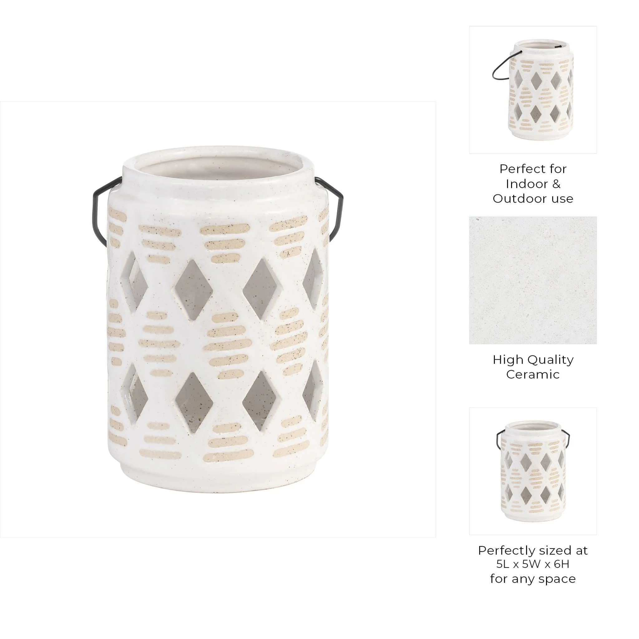 Cer, 6"h Diamond Cut Out Lantern, Ivory - Image 8