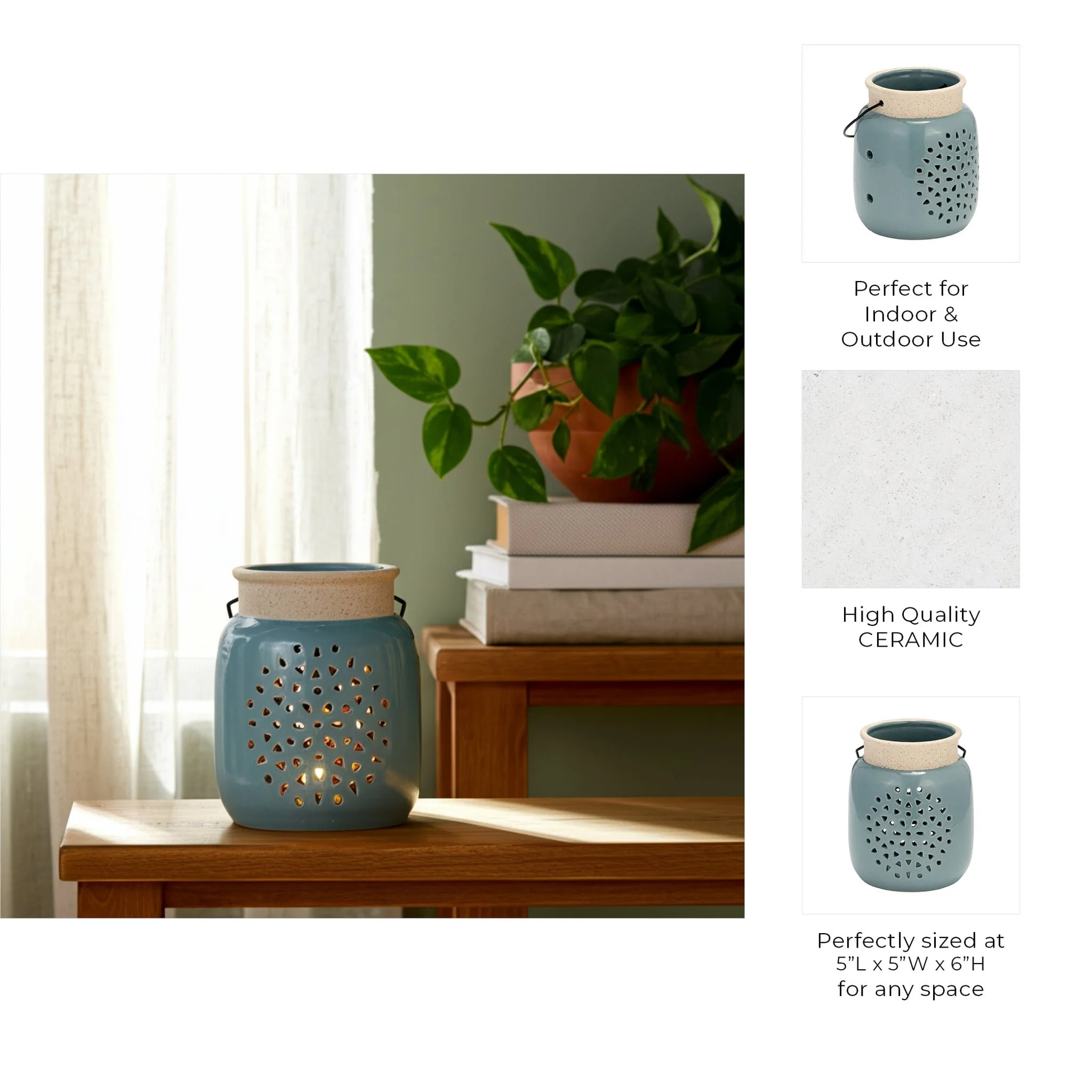Cer, 6"h Flower Cut Out Lantern, Cameo Blue - Image 9
