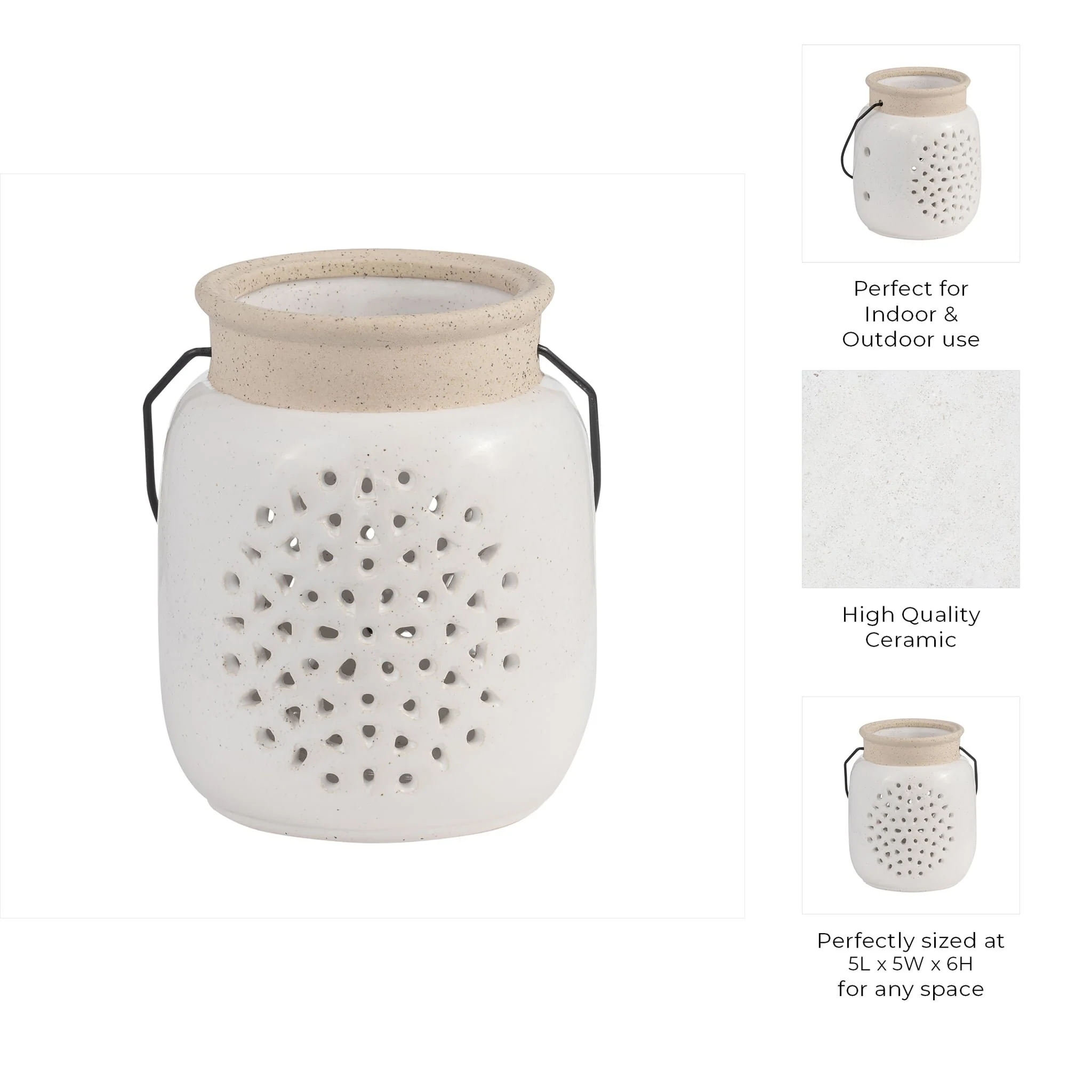 Cer, 6"h Flower Cut Out Lantern, Ivory - Image 9