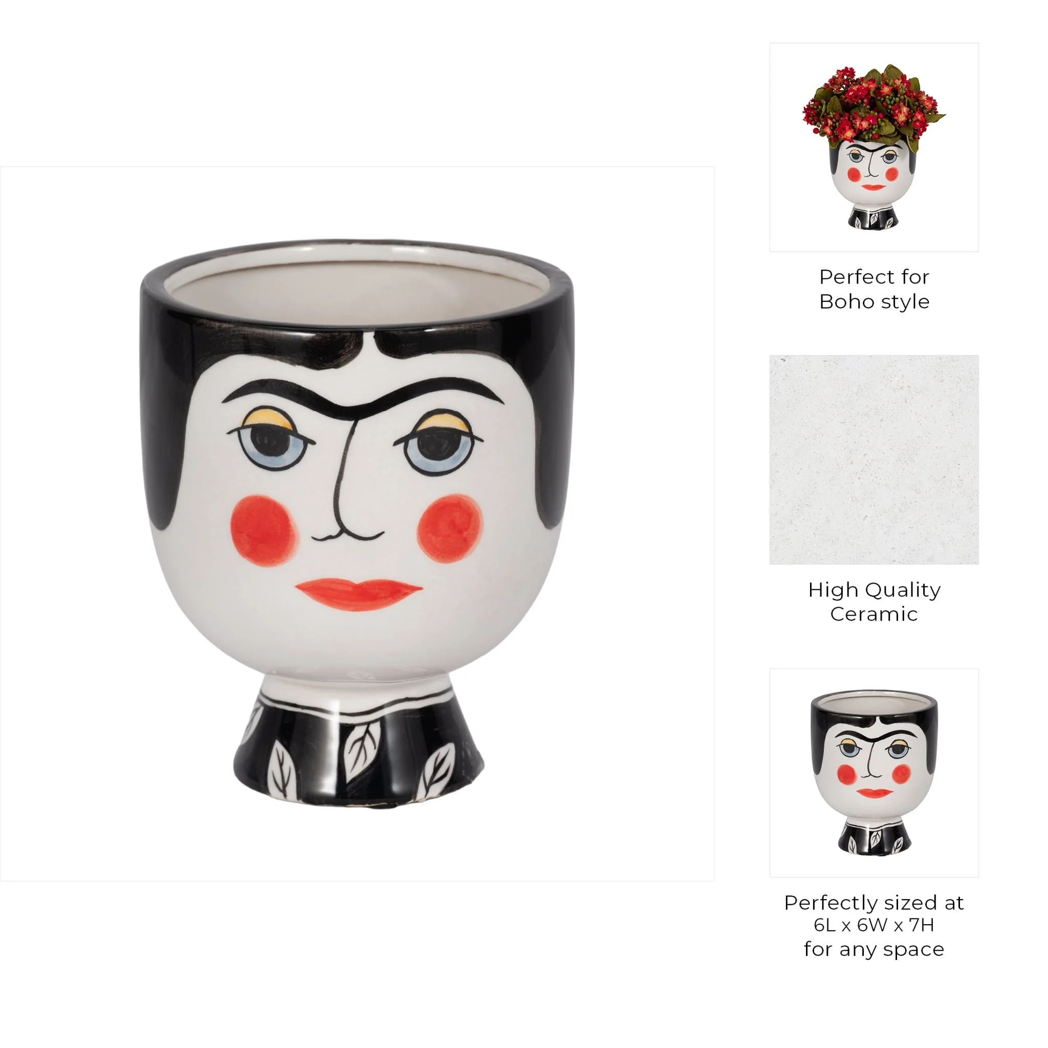 Cer, 7"h Frida Face Flower Vase, Blk/wht - Image 9