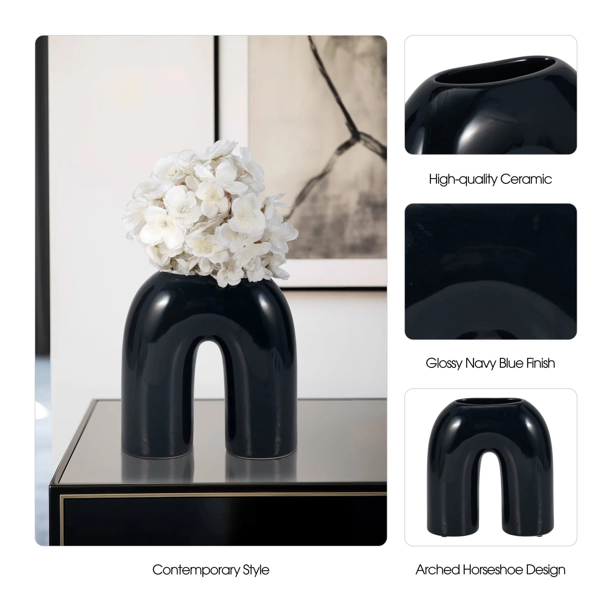 Cer, 8" Horseshoe Vase, Navy Blue - Image 9