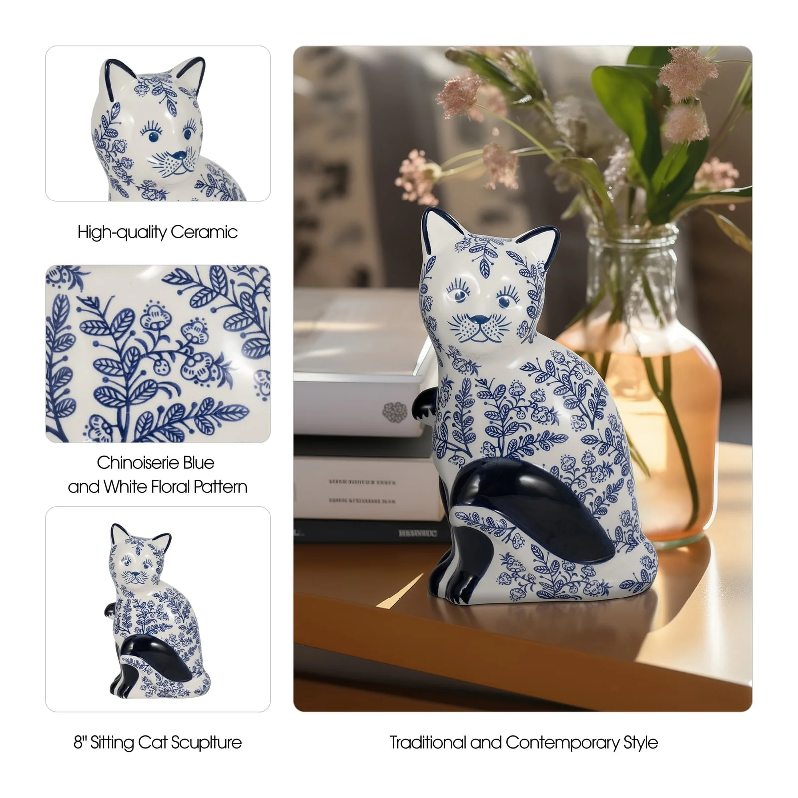 Cer, 8" Sitting Chinoiserie Cat, Blue/white - Image 10