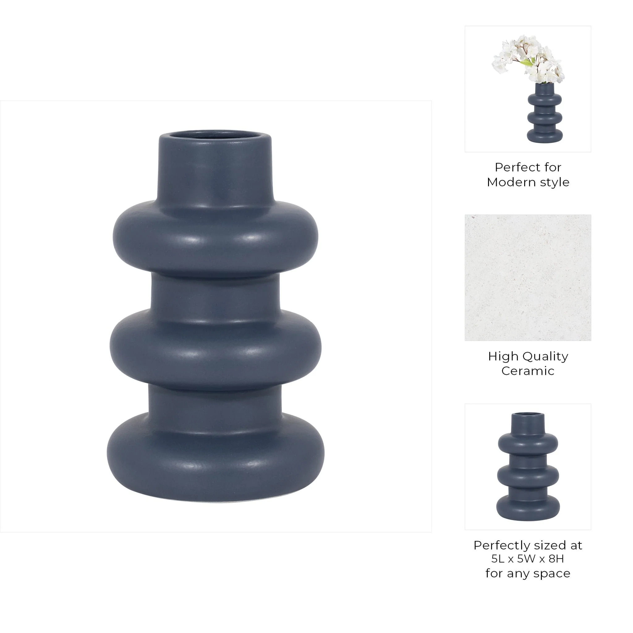 Cer, 8" Three Ribbed Vase, Navy - Image 9