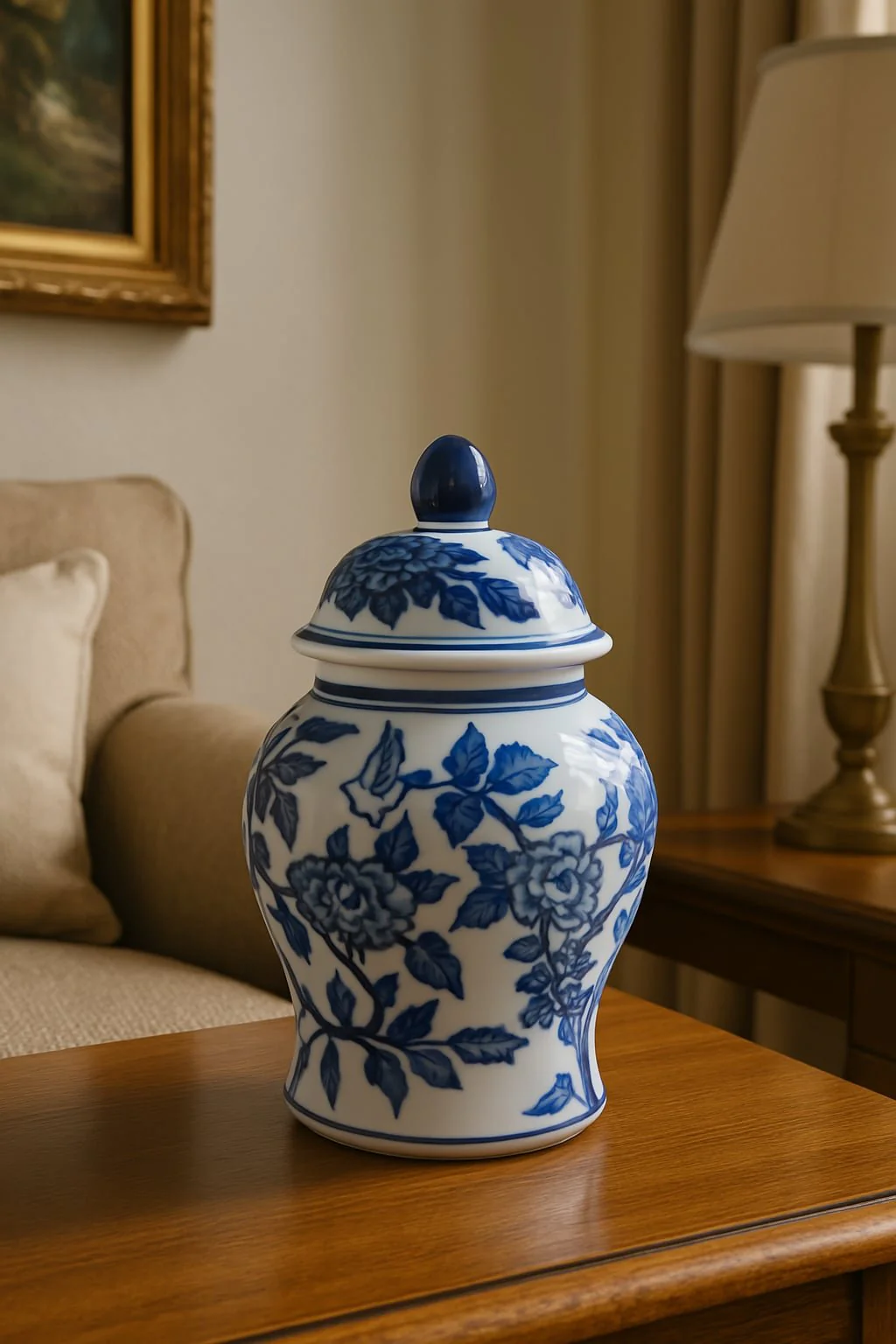 Cer, 8"h Temple Jar, Blue/white - Image 5