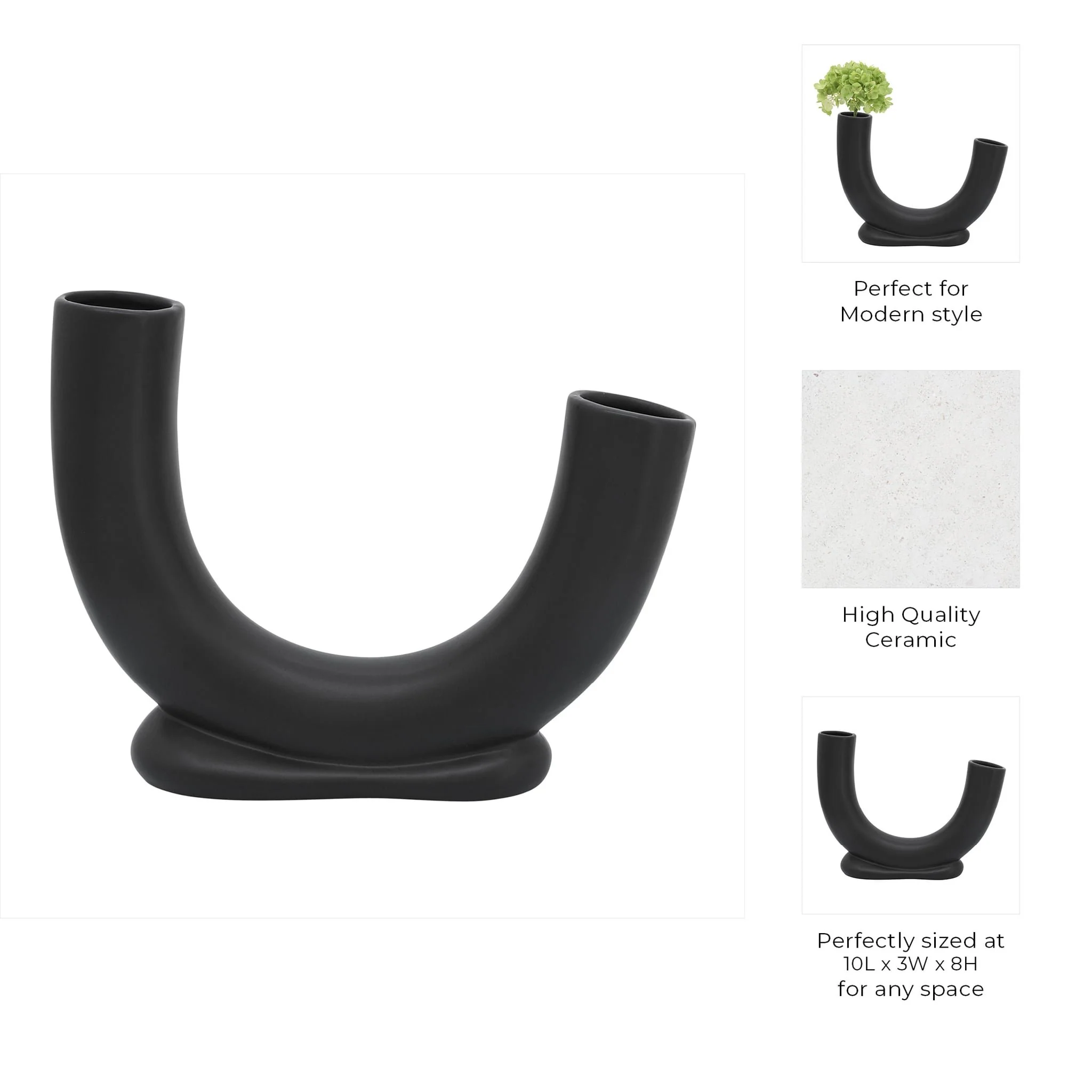Cer, 8"h U-shaped Vase W/ Base, Black - Image 9