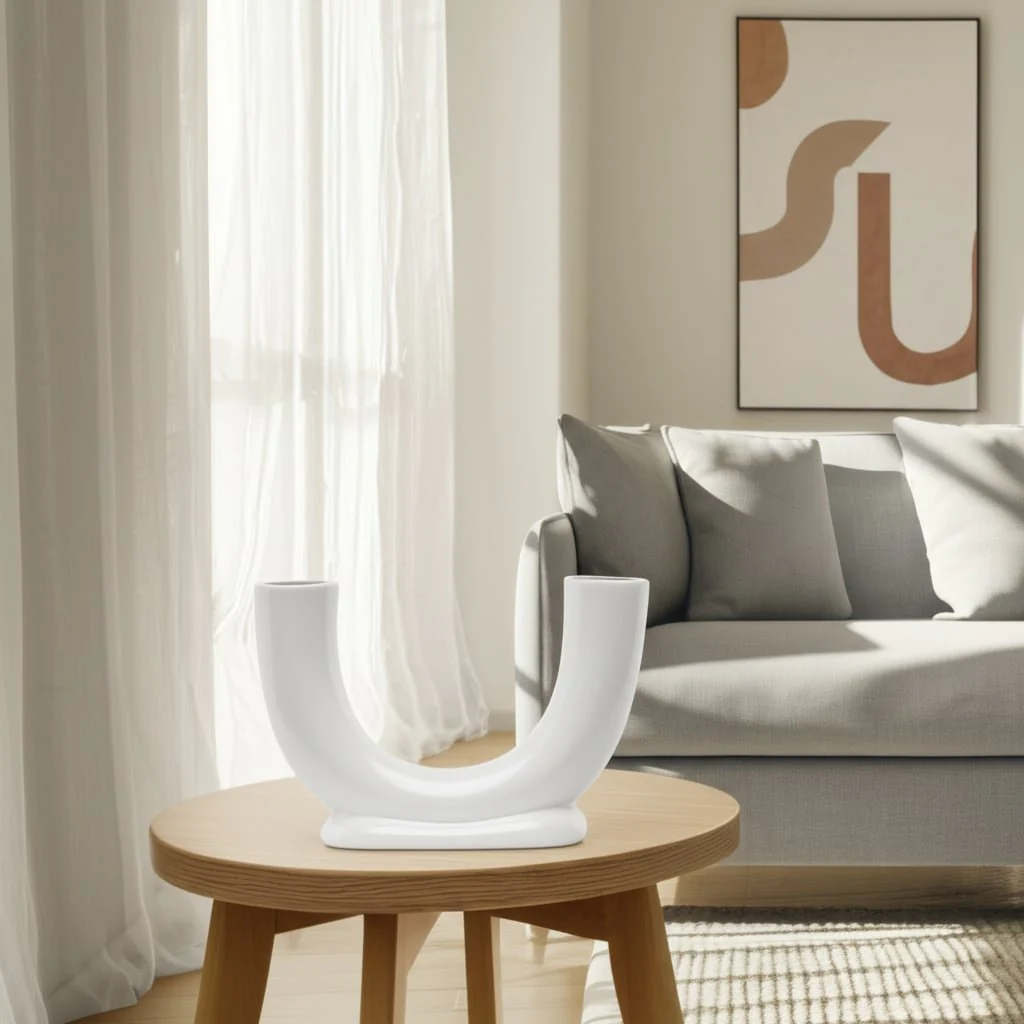 Cer, 8"h U-shaped Vase W/ Base, White - Image 12