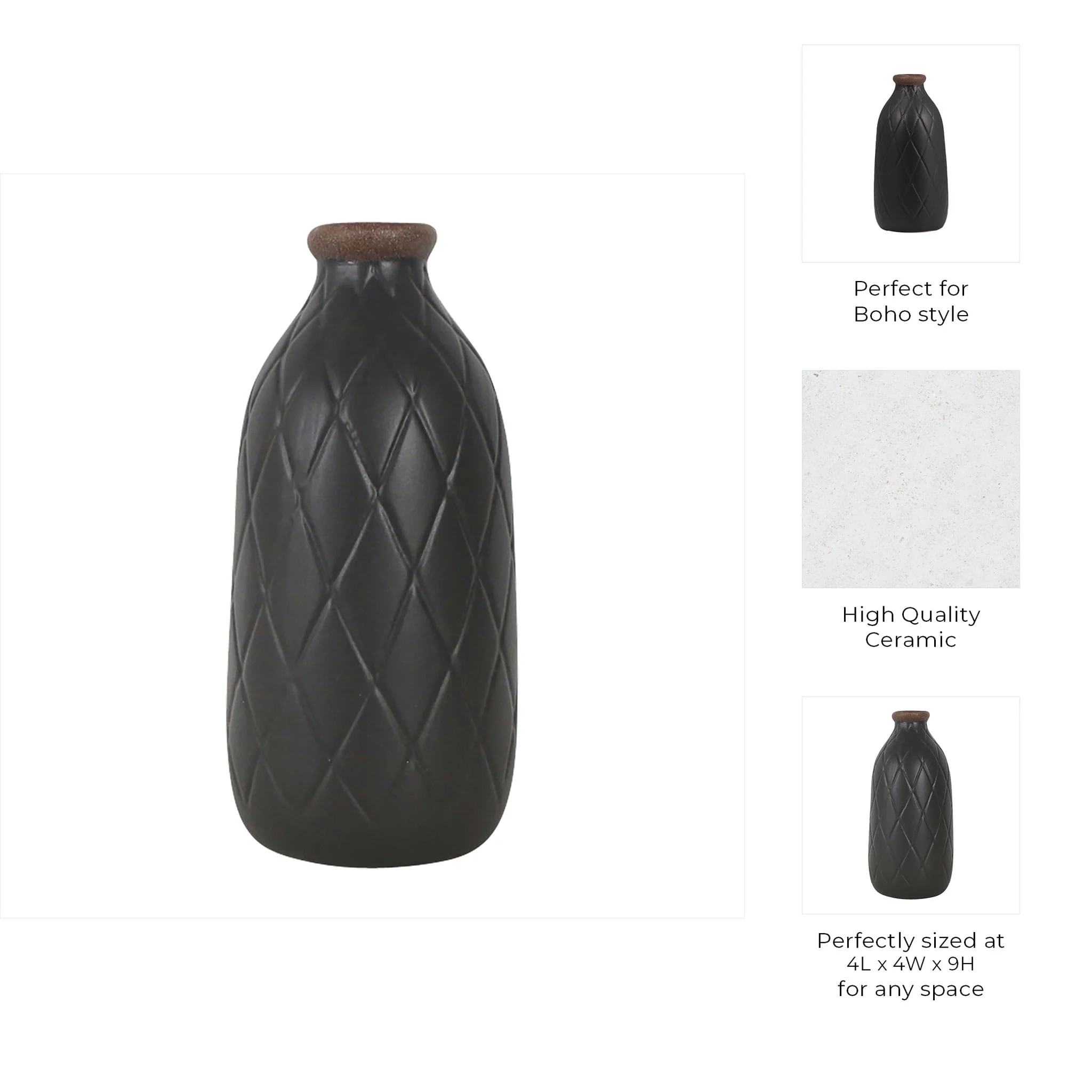 Cer, 9" Plaid Textured Vase, Black - Image 10
