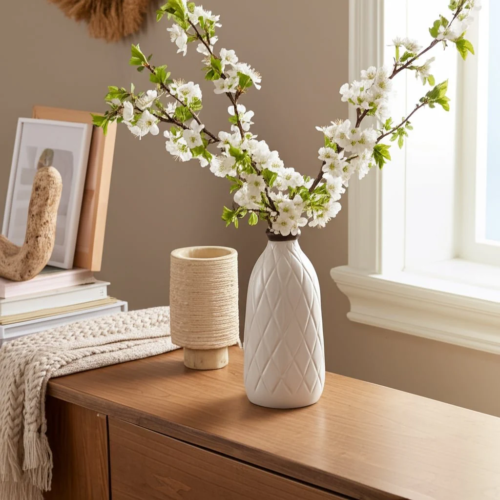 Cer, 9" Plaid Textured Vase, White - Image 12