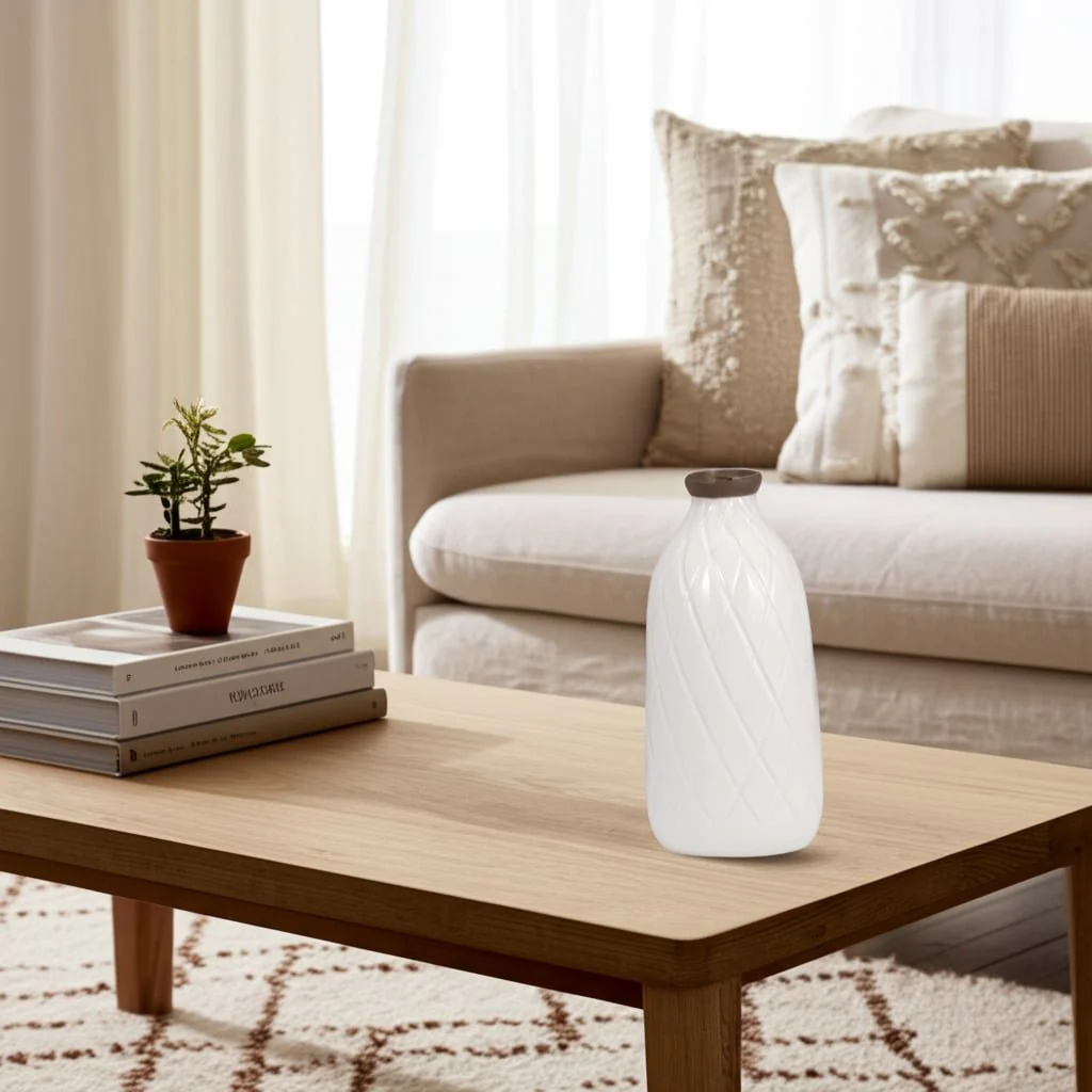 Cer, 9" Plaid Textured Vase, White - Image 14