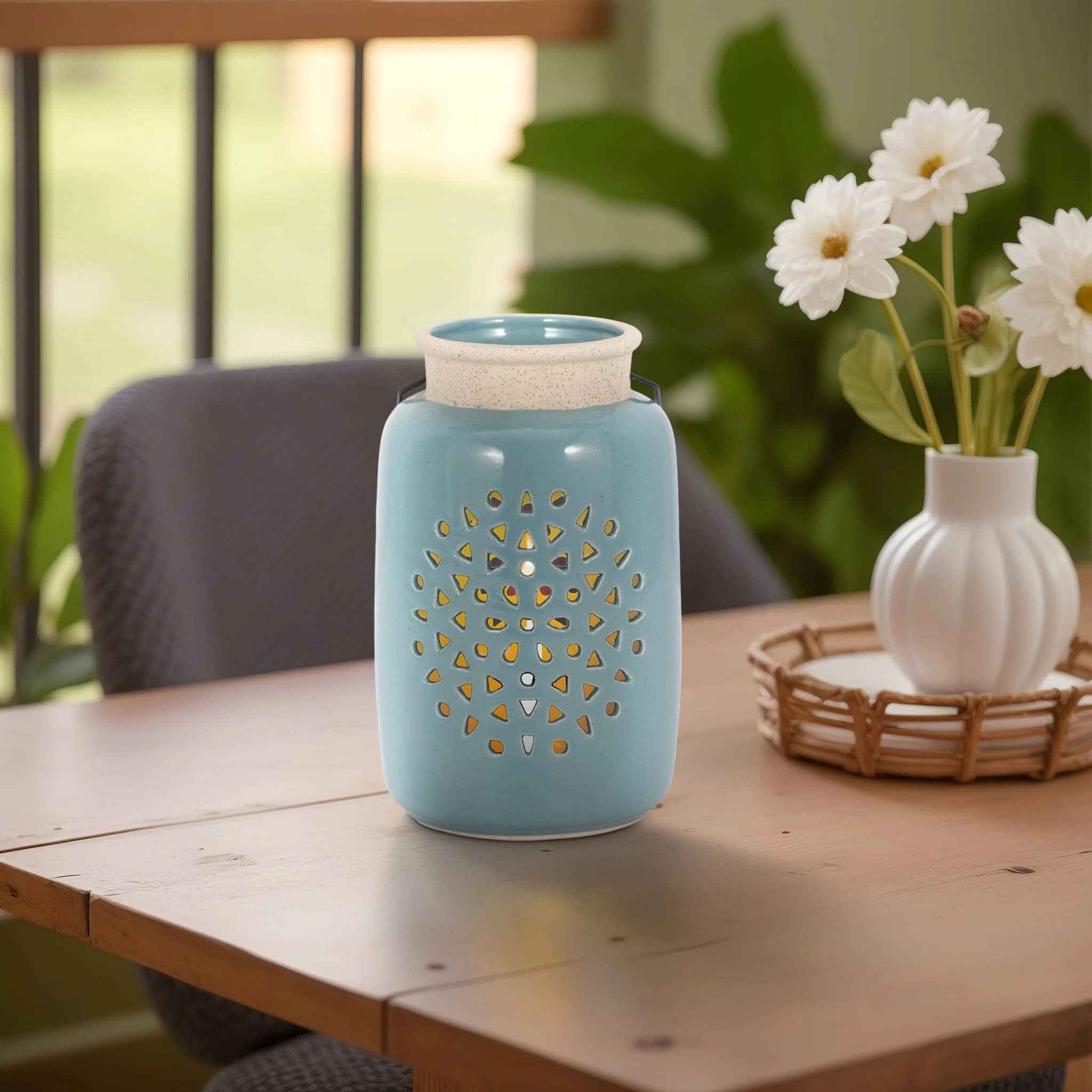 Cer, 9"h Flower Cut Out Lantern, Cameo Blue - Image 10