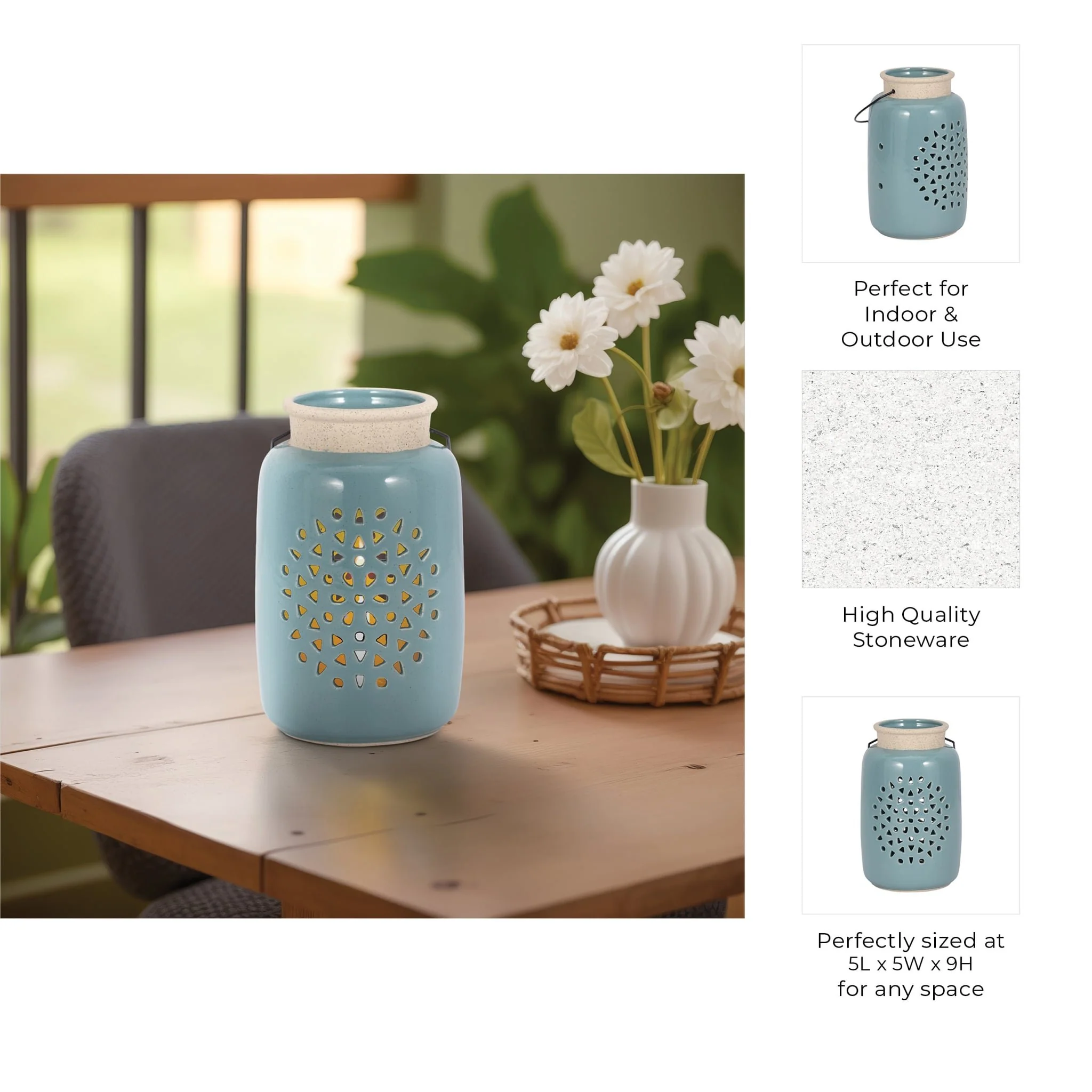 Cer, 9"h Flower Cut Out Lantern, Cameo Blue - Image 9