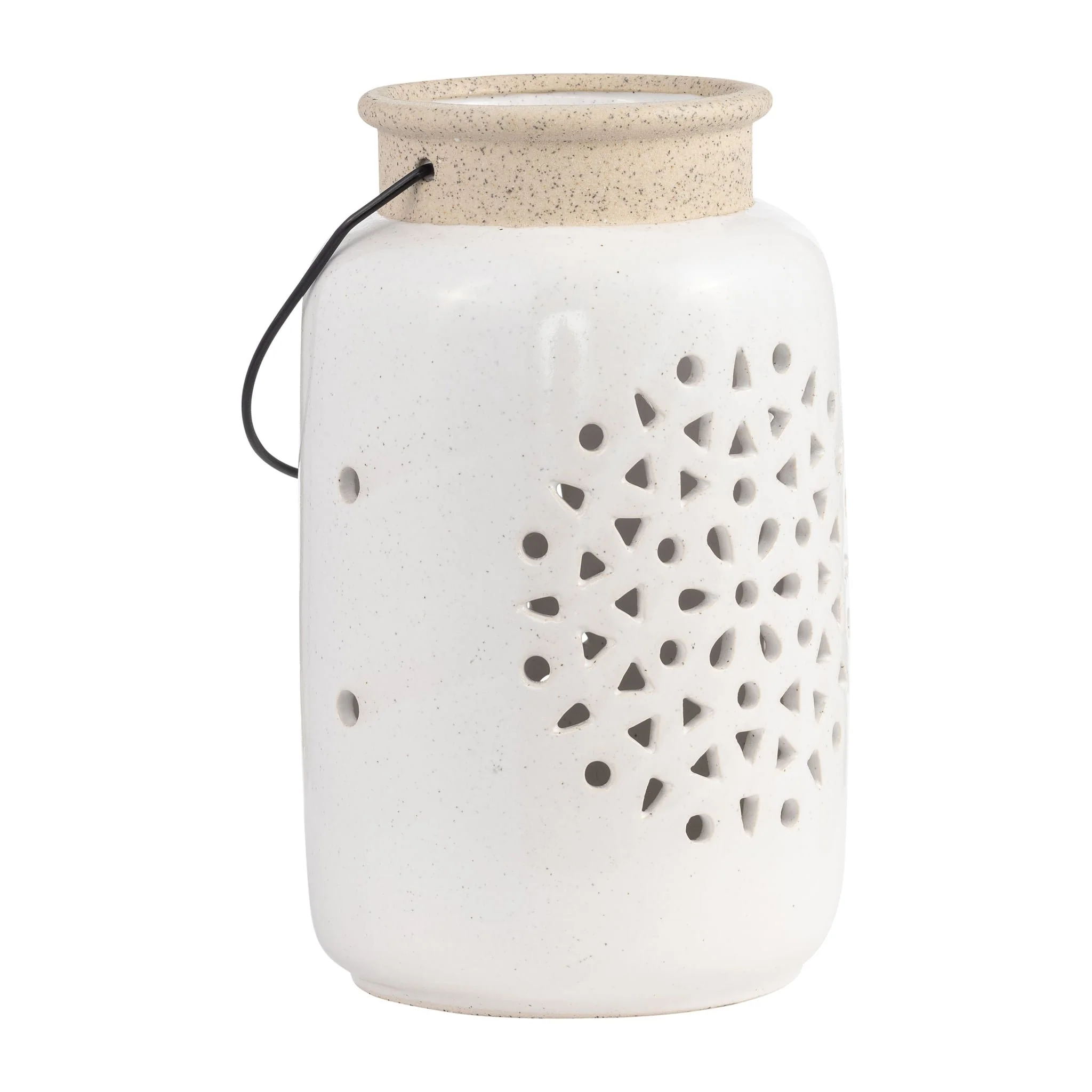 Cer, 9"h Flower Cut Out Lantern, Ivory - Image 2