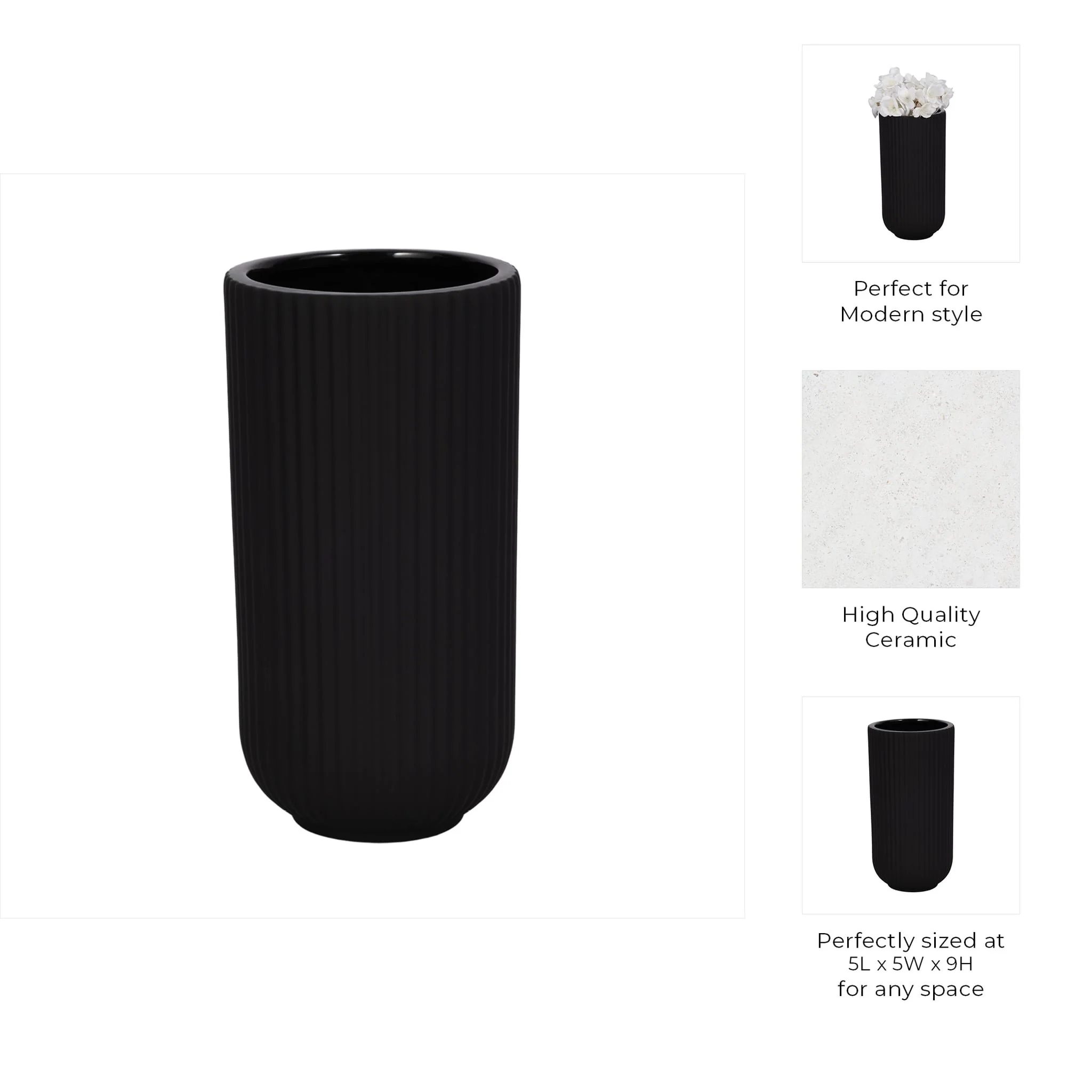 Cer, 9"h Ridged Vase, Black - Image 9