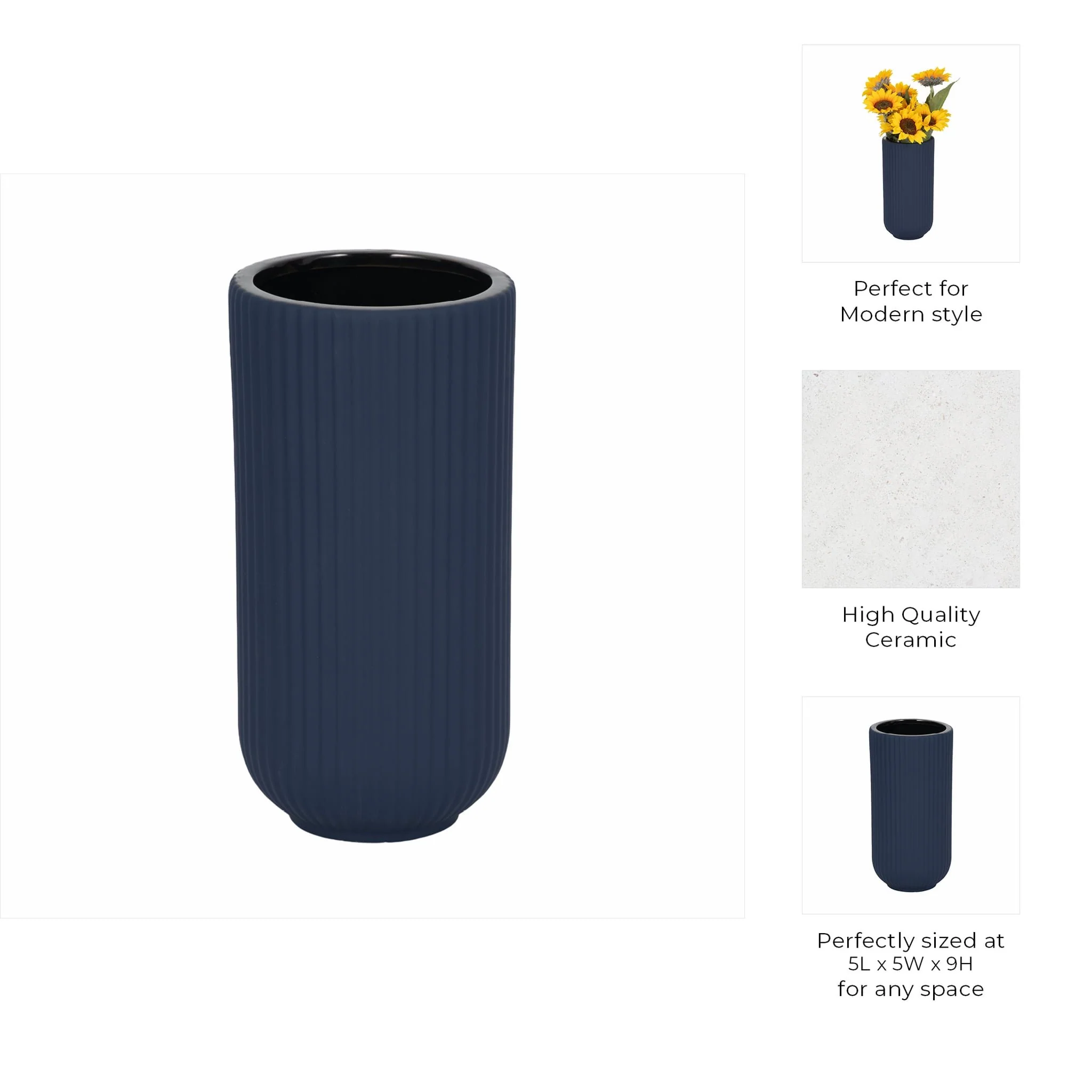 Cer, 9"h Ridged Vase, Navy - Image 8