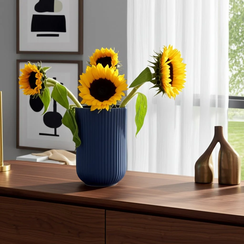 Cer, 9"h Ridged Vase, Navy - Image 9
